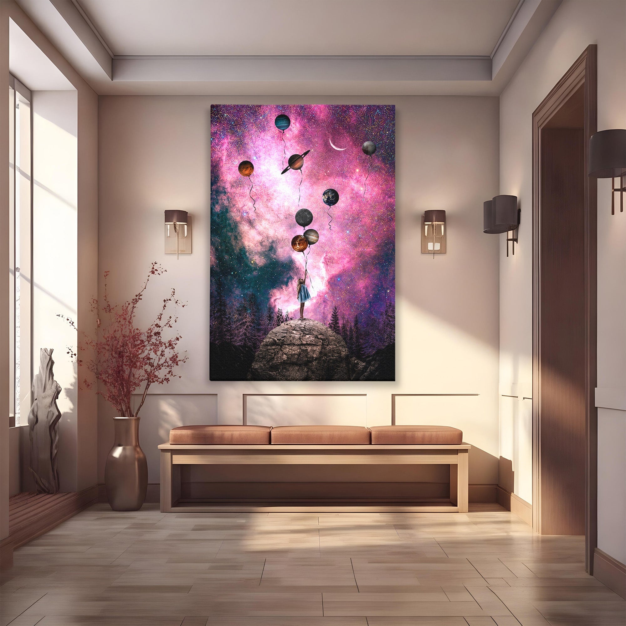 Tablou Canvas Premium LuxCanva® S1007, Fata Si Planetele, Fata, Planete, Univers, Visare, Dormitor, Culori Vibrante