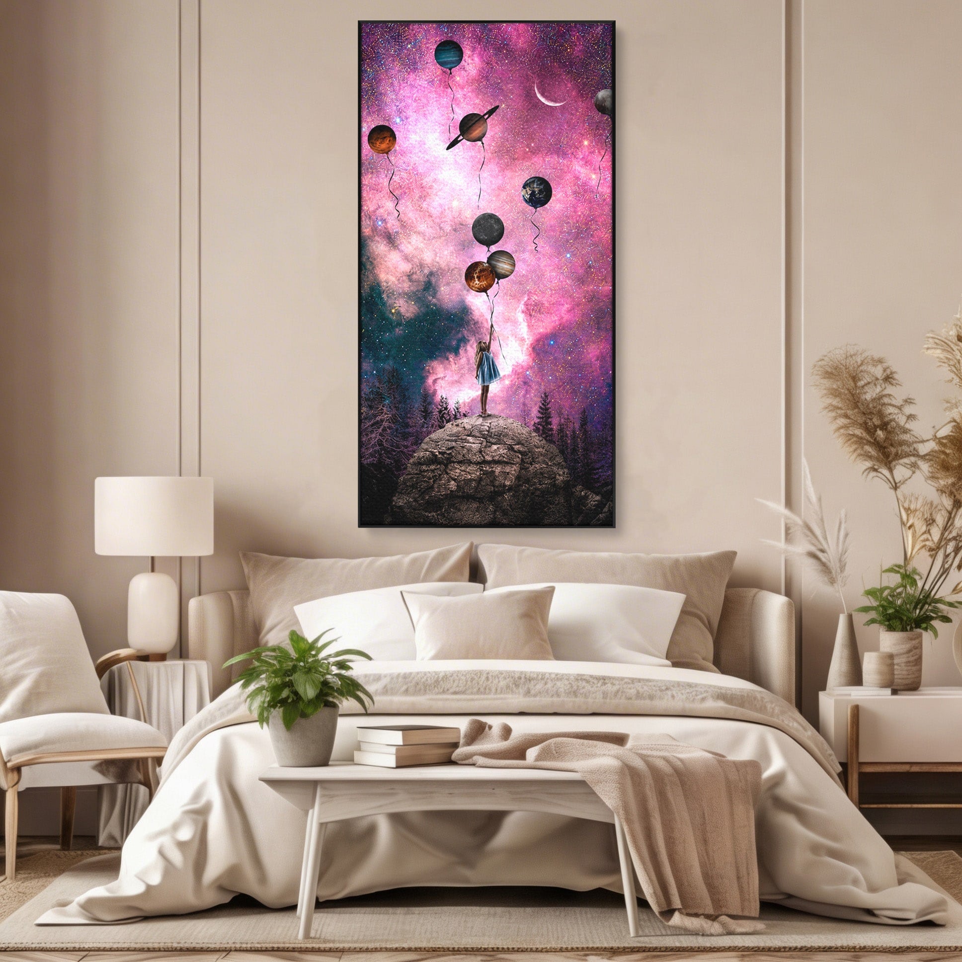 Tablou Canvas Premium LuxCanva® S1007, Fata Si Planetele, Fata, Planete, Univers, Visare, Dormitor, Culori Vibrante