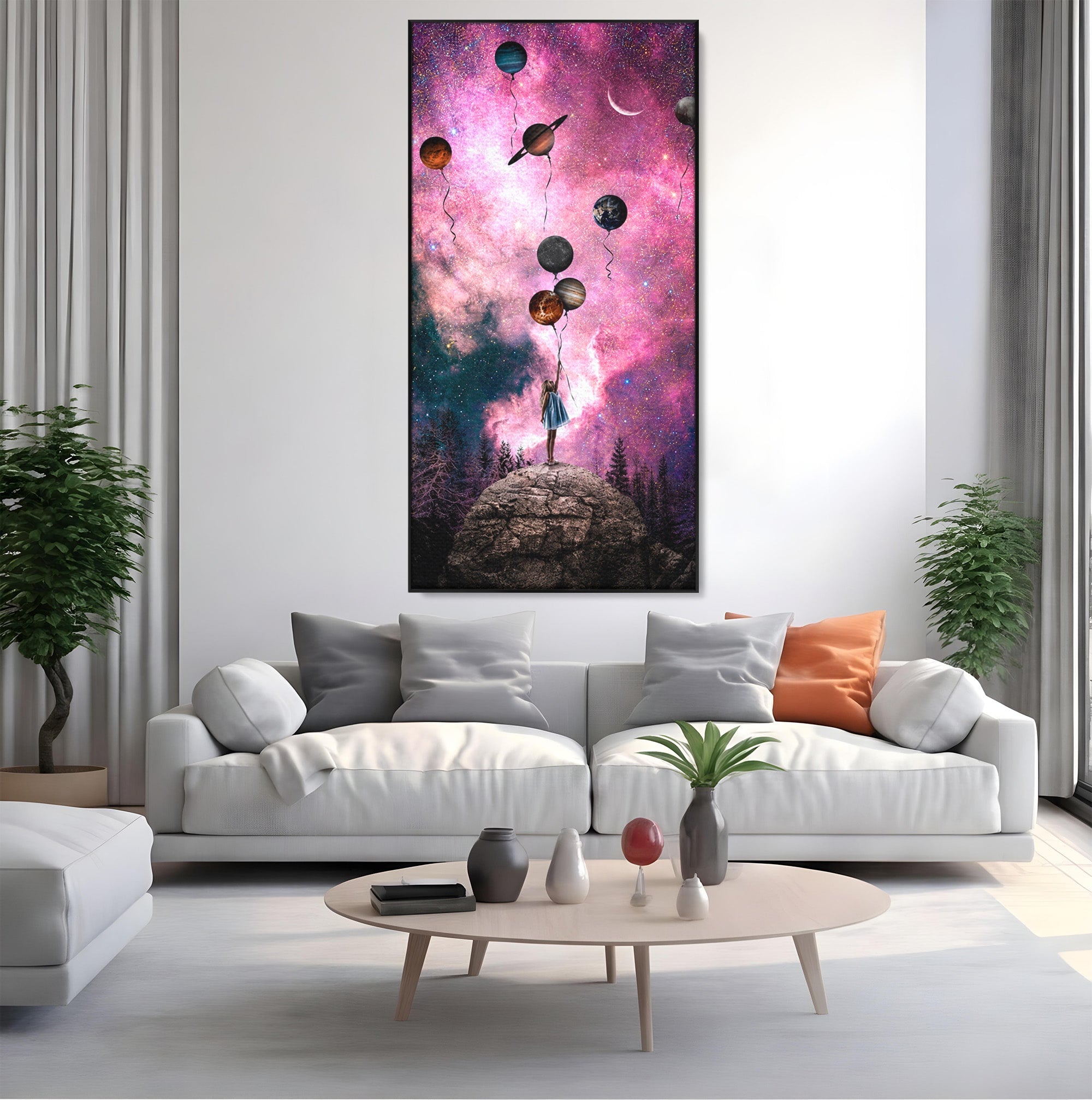 Tablou Canvas Premium LuxCanva® S1007, Fata Si Planetele, Fata, Planete, Univers, Visare, Dormitor, Culori Vibrante