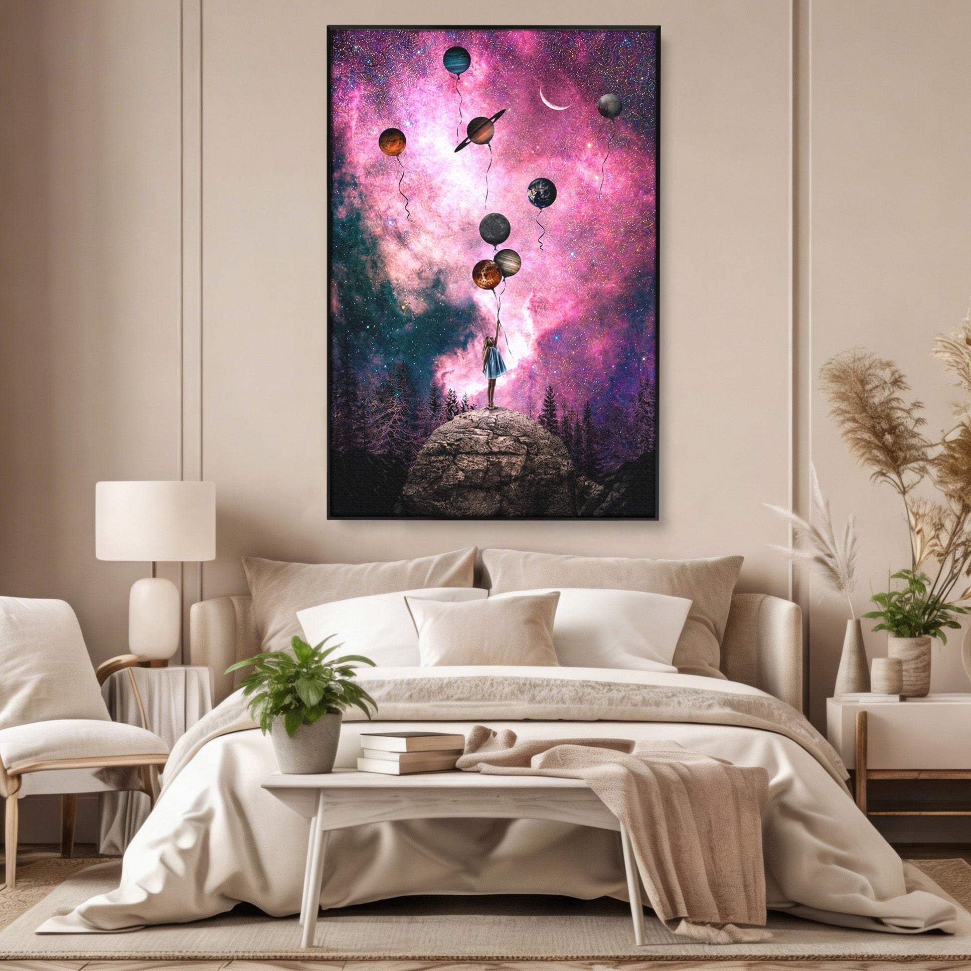 Tablou Canvas Premium LuxCanva® S1007, Fata Si Planetele, Fata, Planete, Univers, Visare, Dormitor, Culori Vibrante