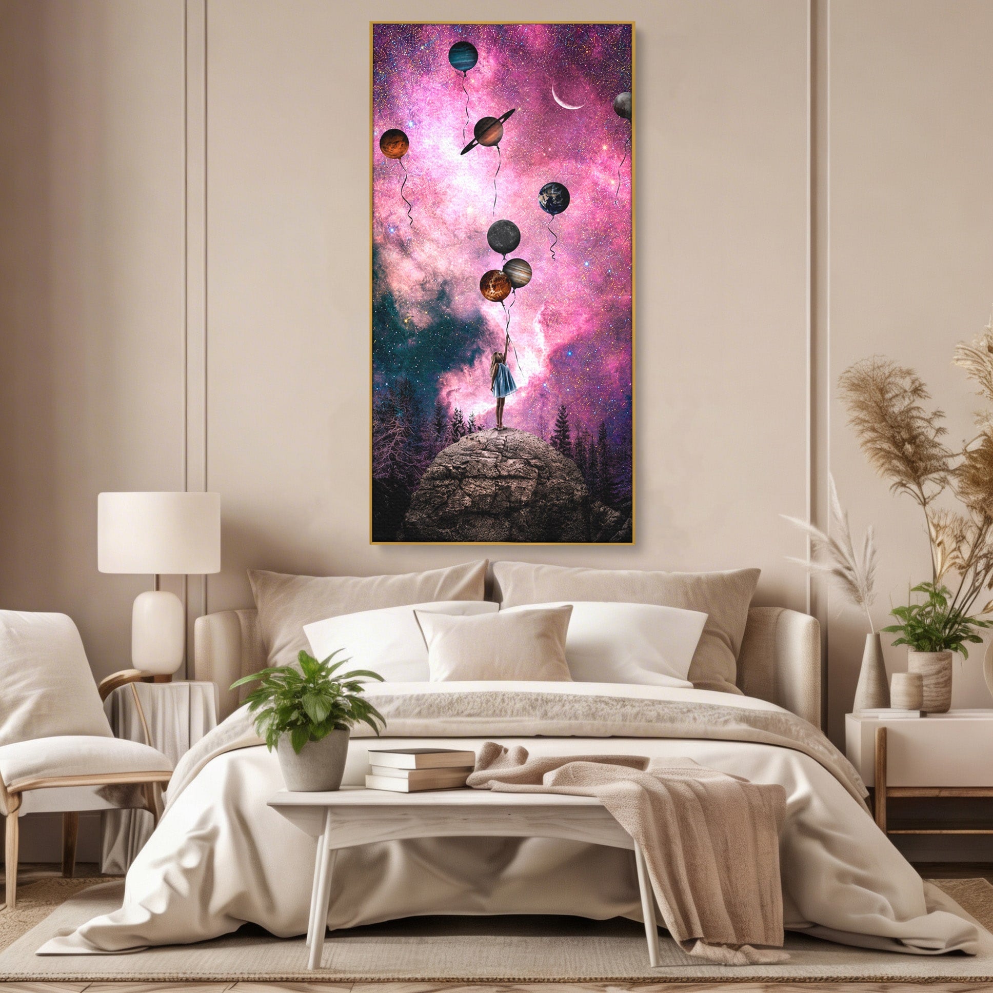 Tablou Canvas Premium LuxCanva® S1007, Fata Si Planetele, Fata, Planete, Univers, Visare, Dormitor, Culori Vibrante