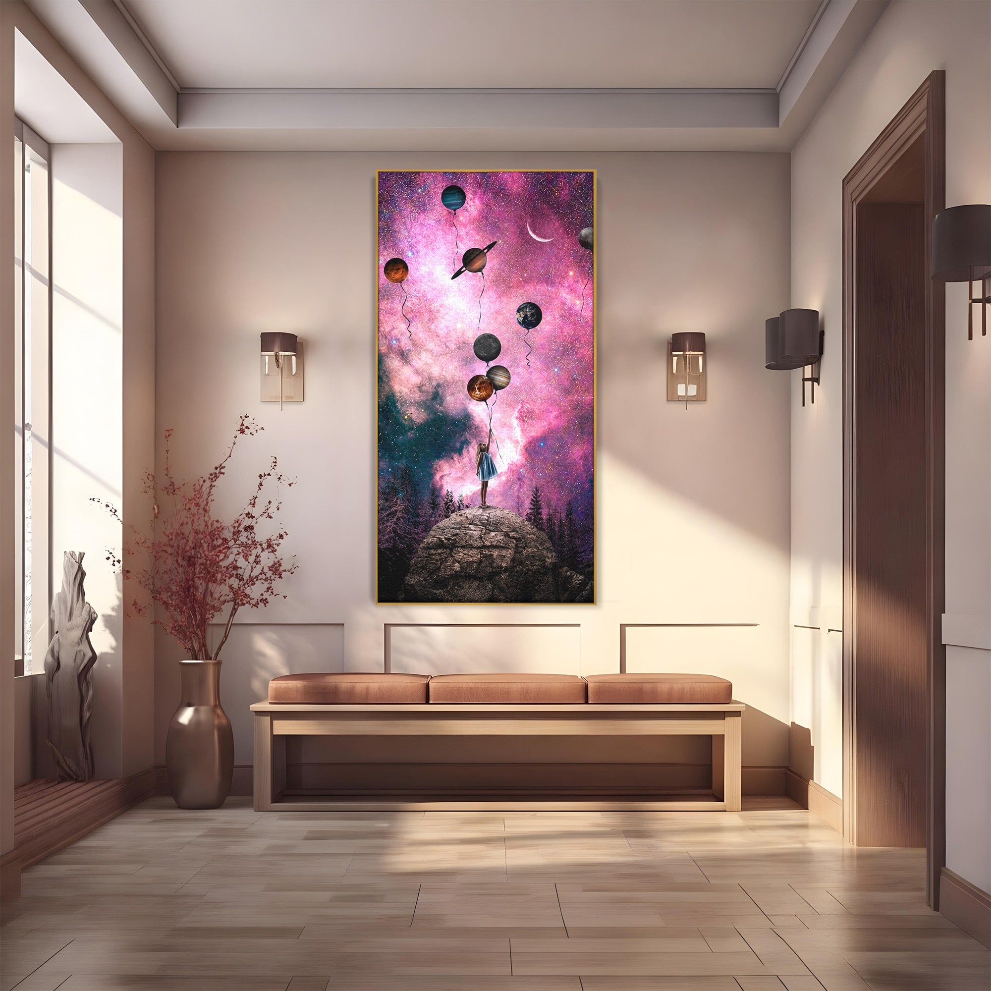 Tablou Canvas Premium LuxCanva® S1007, Fata Si Planetele, Fata, Planete, Univers, Visare, Dormitor, Culori Vibrante