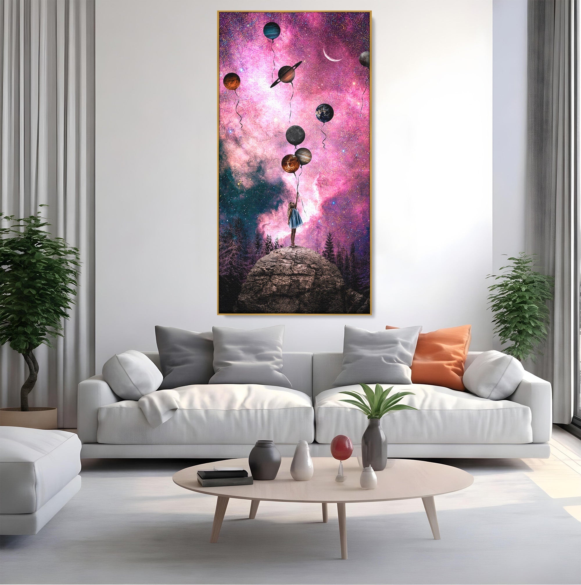 Tablou Canvas Premium LuxCanva® S1007, Fata Si Planetele, Fata, Planete, Univers, Visare, Dormitor, Culori Vibrante