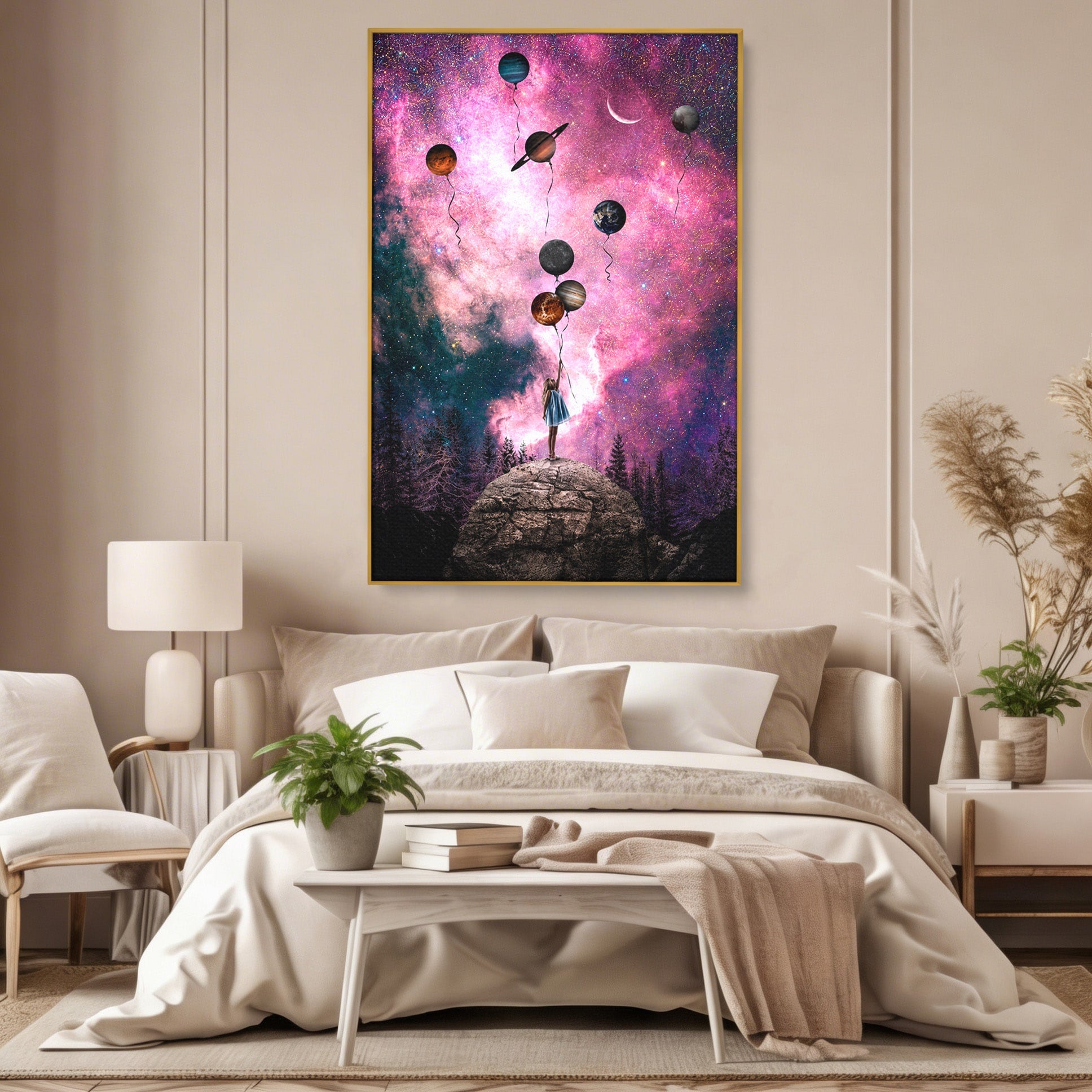 Tablou Canvas Premium LuxCanva® S1007, Fata Si Planetele, Fata, Planete, Univers, Visare, Dormitor, Culori Vibrante