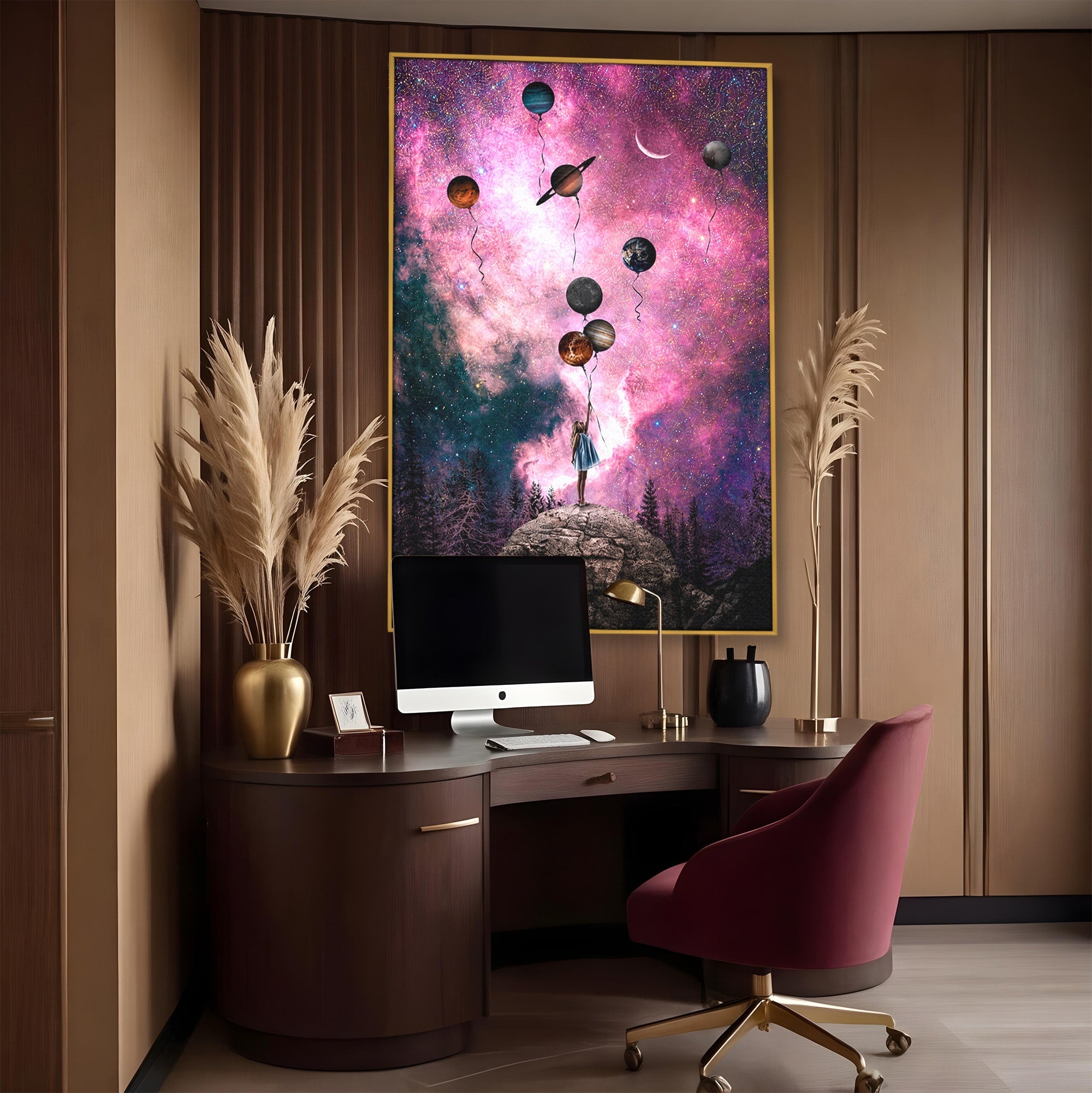 Tablou Canvas Premium LuxCanva® S1007, Fata Si Planetele, Fata, Planete, Univers, Visare, Dormitor, Culori Vibrante