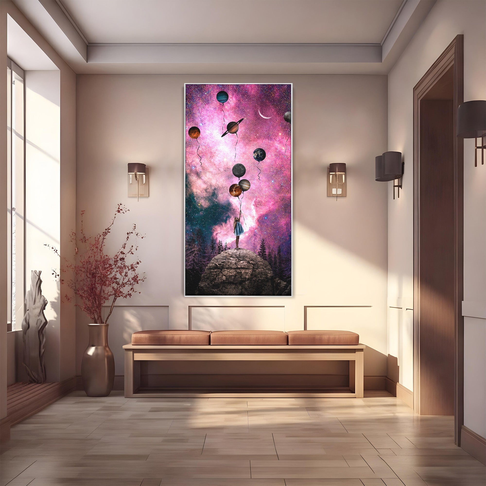 Tablou Canvas Premium LuxCanva® S1007, Fata Si Planetele, Fata, Planete, Univers, Visare, Dormitor, Culori Vibrante