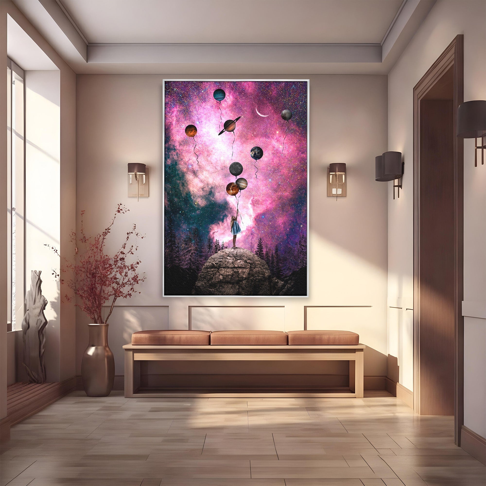 Tablou Canvas Premium LuxCanva® S1007, Fata Si Planetele, Fata, Planete, Univers, Visare, Dormitor, Culori Vibrante