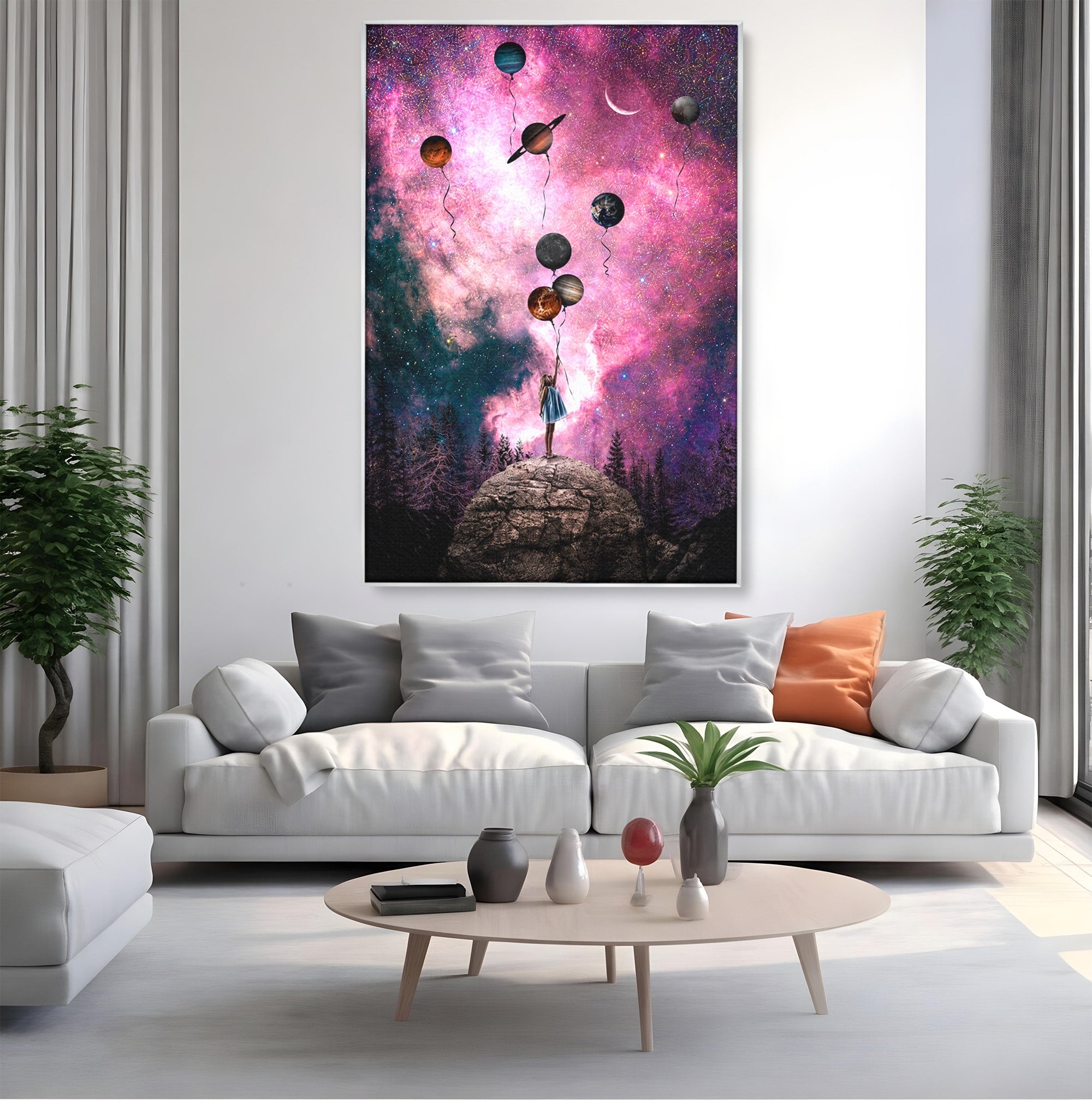 Tablou Canvas Premium LuxCanva® S1007, Fata Si Planetele, Fata, Planete, Univers, Visare, Dormitor, Culori Vibrante
