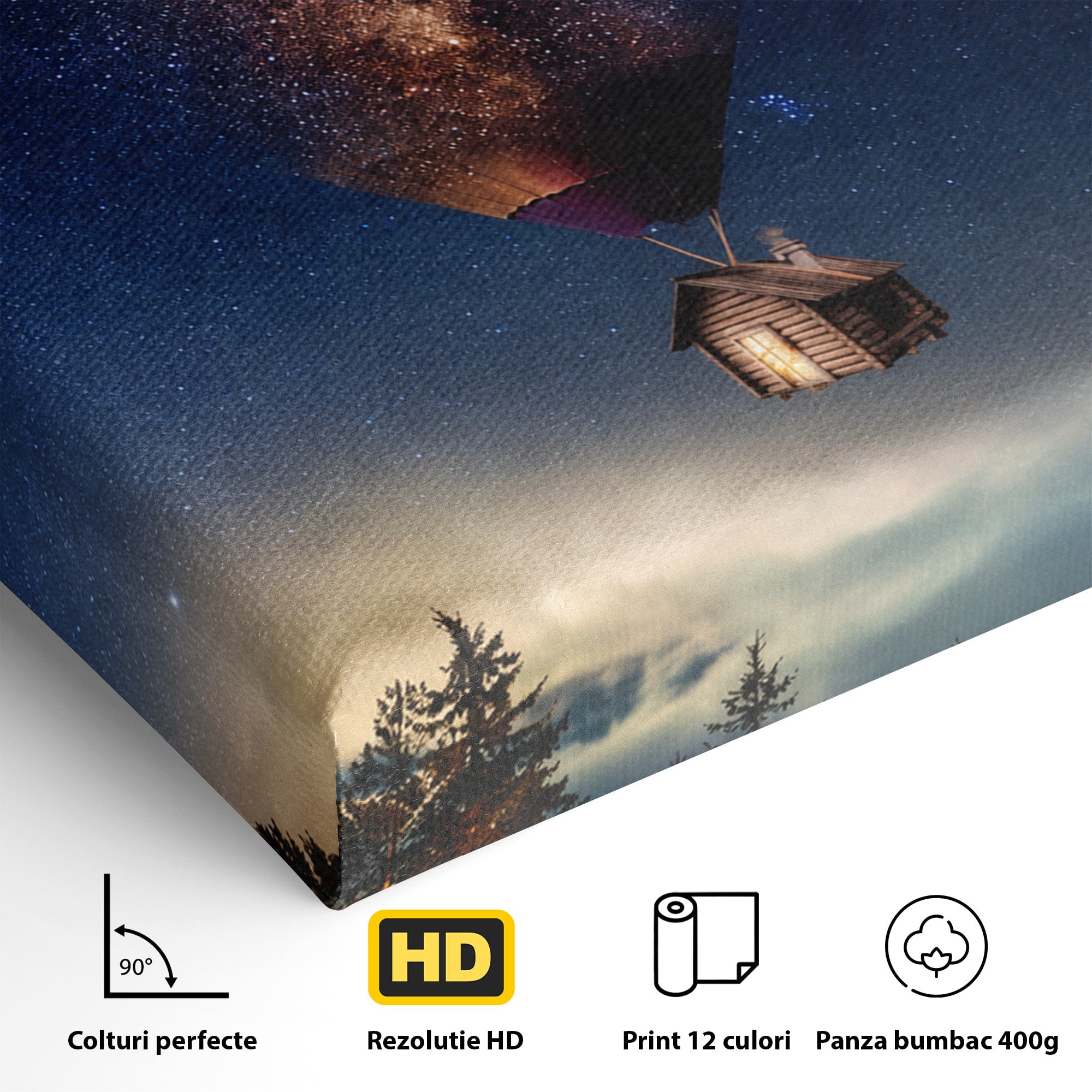 Tablou Canvas Premium LuxCanva® S1008, Casa Zburatoare, Casa, Noapte, Cer Instelat, Fantezie, Living, Culori Vibrante