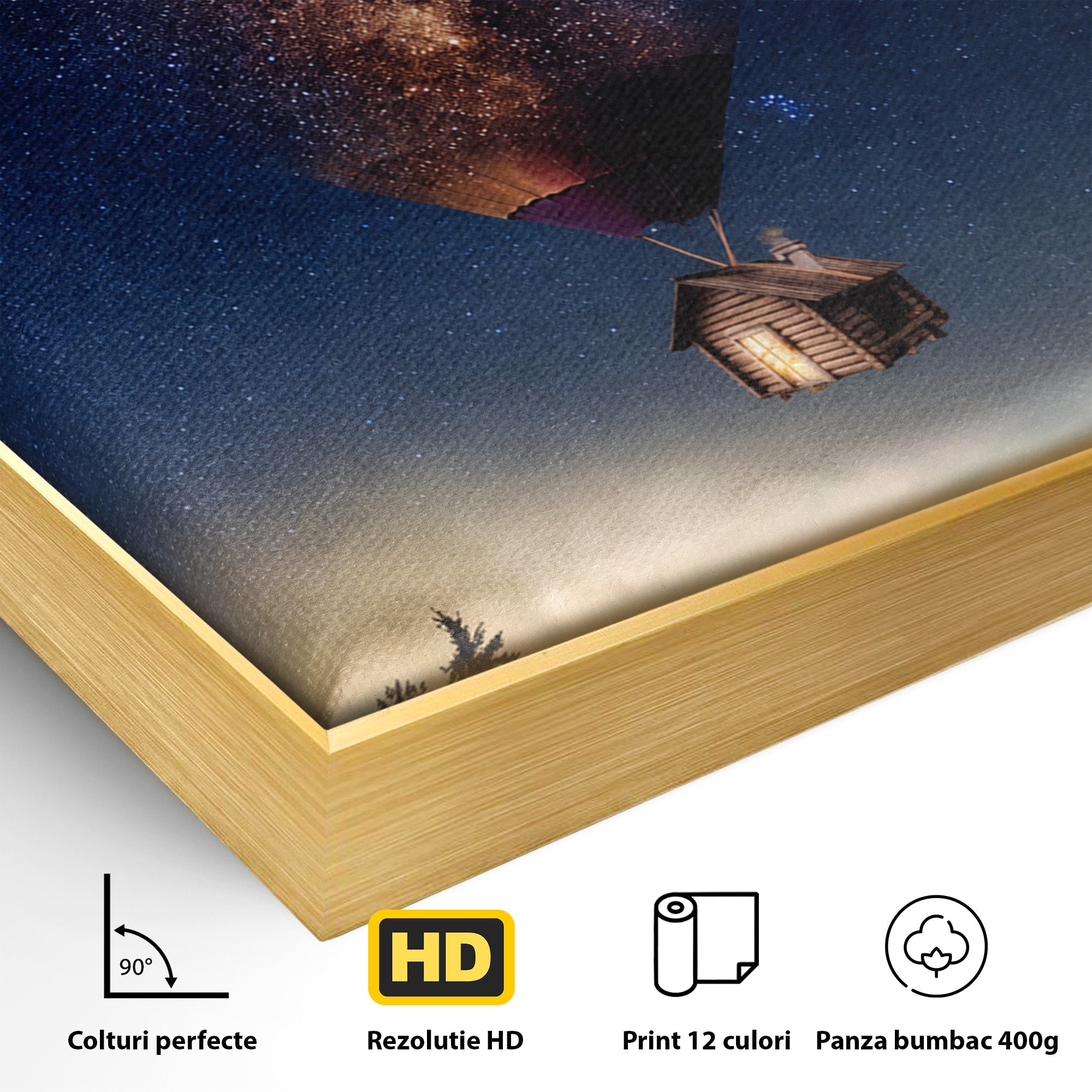 Tablou Canvas Premium LuxCanva® S1008, Casa Zburatoare, Casa, Noapte, Cer Instelat, Fantezie, Living, Culori Vibrante