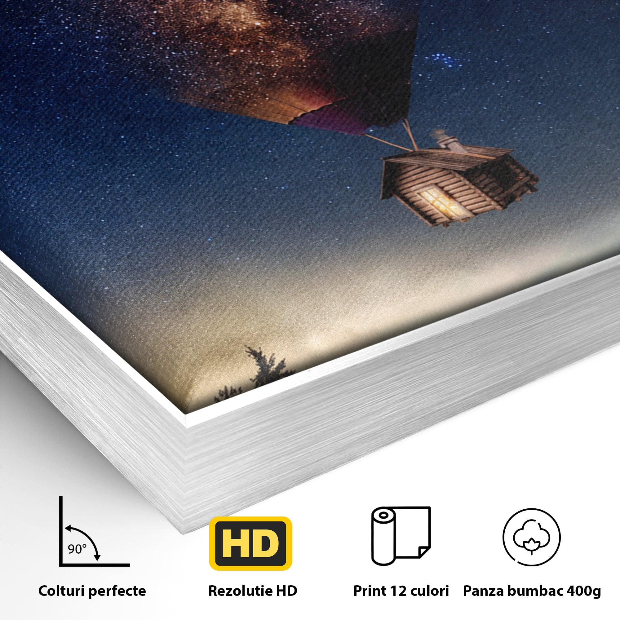 Tablou Canvas Premium LuxCanva® S1008, Casa Zburatoare, Casa, Noapte, Cer Instelat, Fantezie, Living, Culori Vibrante
