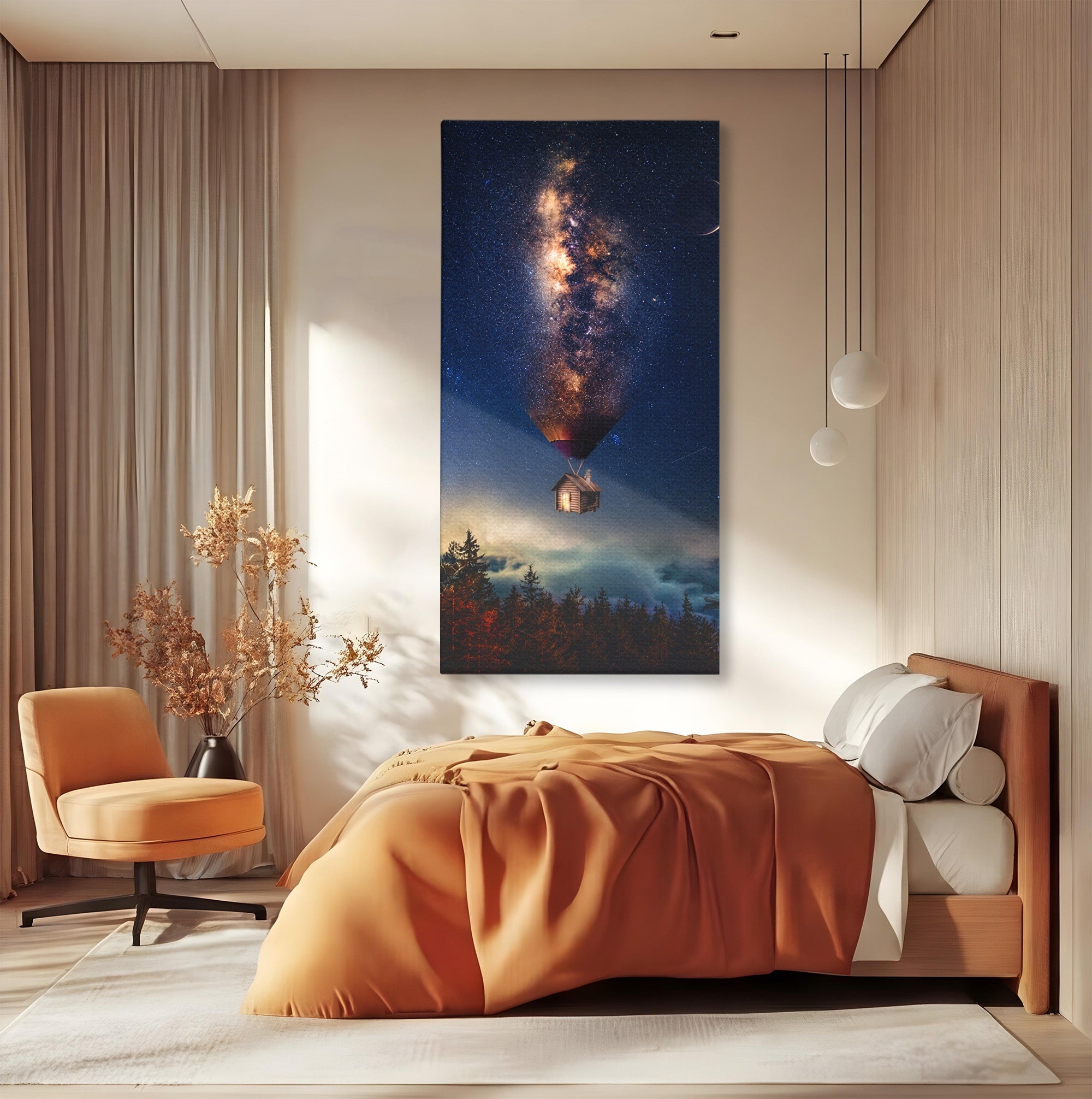 Tablou Canvas Premium LuxCanva® S1008, Casa Zburatoare, Casa, Noapte, Cer Instelat, Fantezie, Living, Culori Vibrante