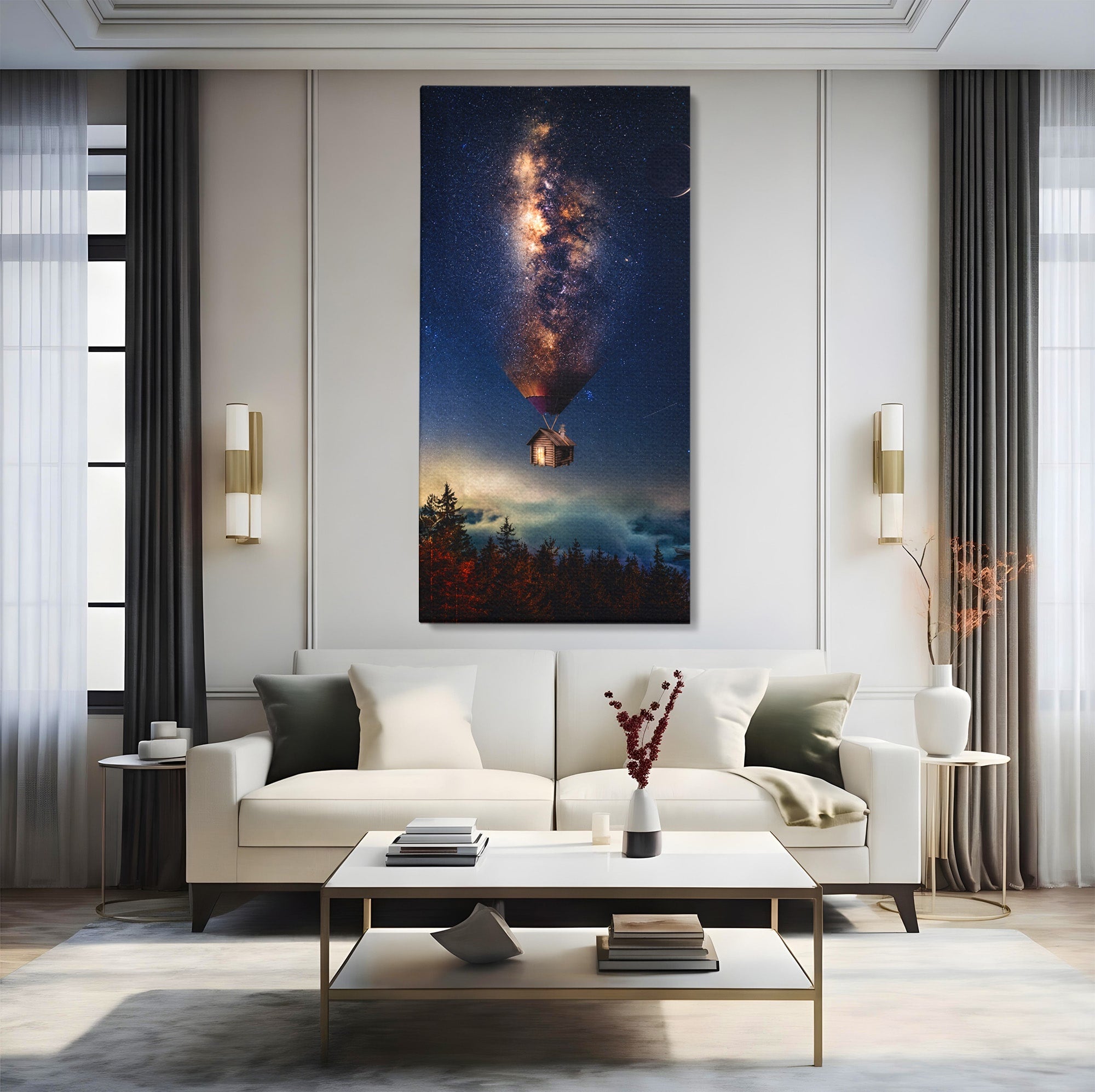 Tablou Canvas Premium LuxCanva® S1008, Casa Zburatoare, Casa, Noapte, Cer Instelat, Fantezie, Living, Culori Vibrante