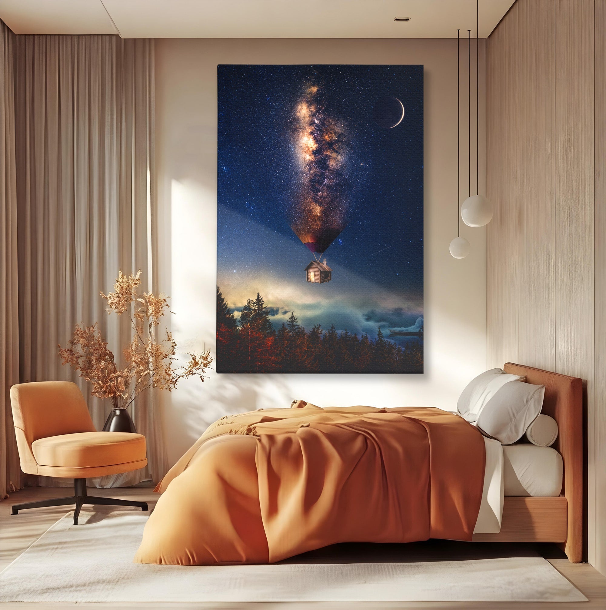 Tablou Canvas Premium LuxCanva® S1008, Casa Zburatoare, Casa, Noapte, Cer Instelat, Fantezie, Living, Culori Vibrante