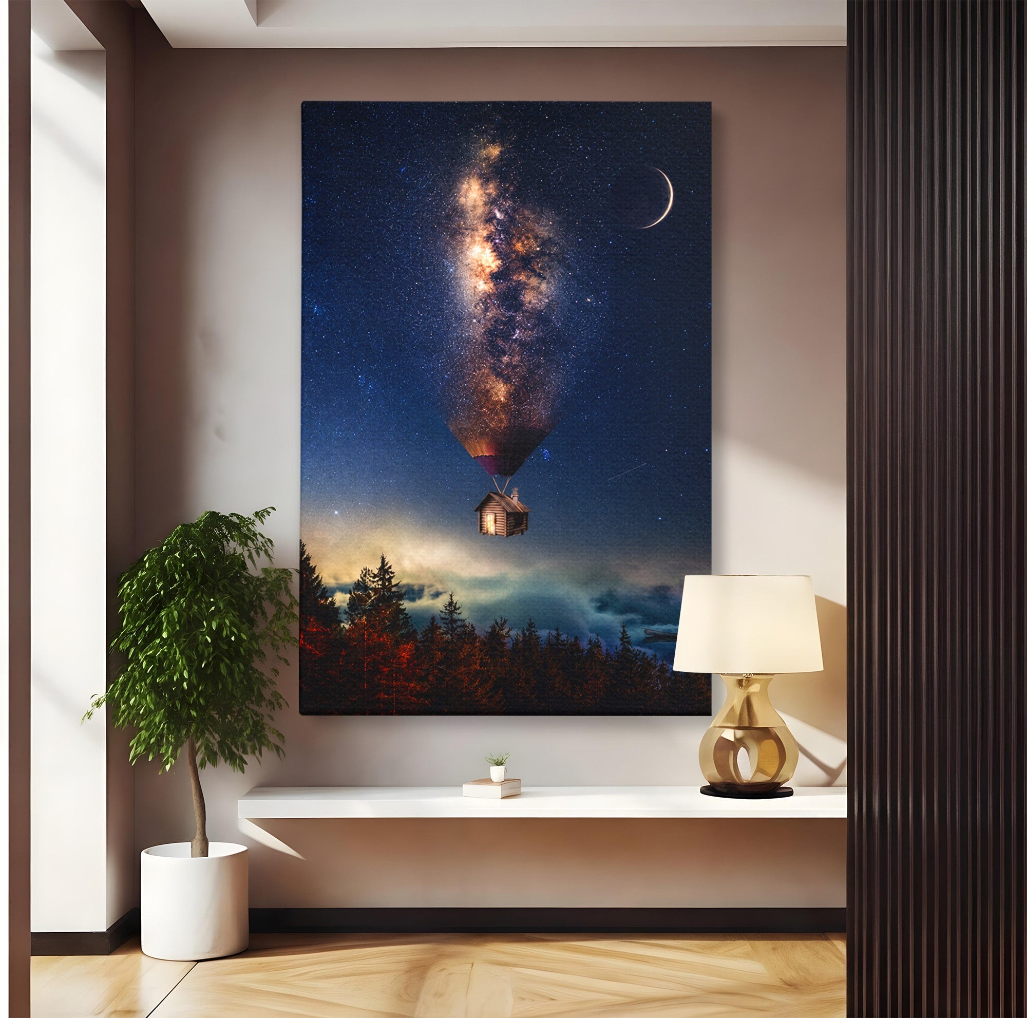 Tablou Canvas Premium LuxCanva® S1008, Casa Zburatoare, Casa, Noapte, Cer Instelat, Fantezie, Living, Culori Vibrante