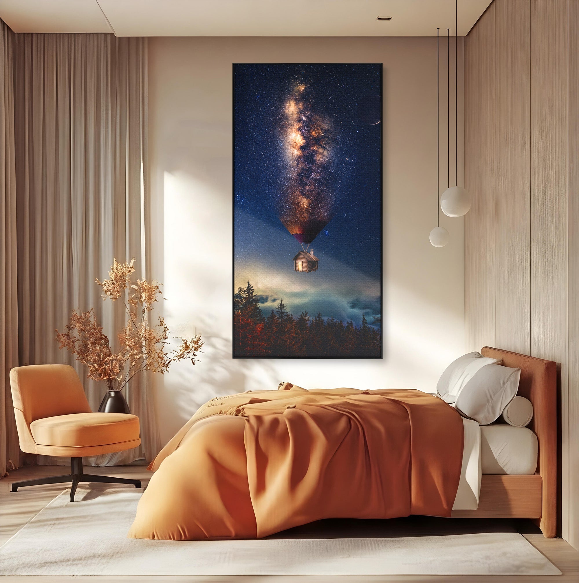 Tablou Canvas Premium LuxCanva® S1008, Casa Zburatoare, Casa, Noapte, Cer Instelat, Fantezie, Living, Culori Vibrante