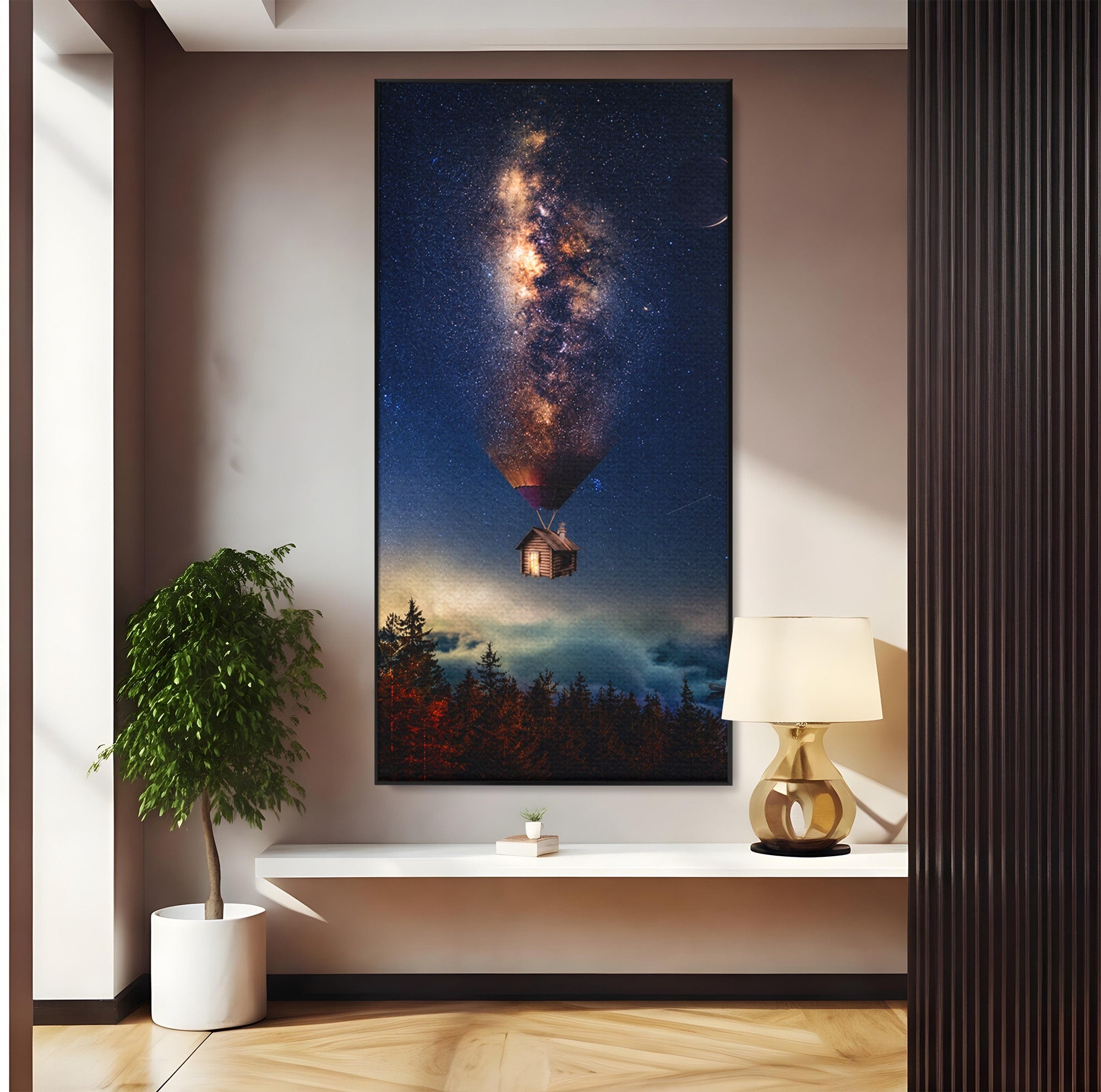 Tablou Canvas Premium LuxCanva® S1008, Casa Zburatoare, Casa, Noapte, Cer Instelat, Fantezie, Living, Culori Vibrante