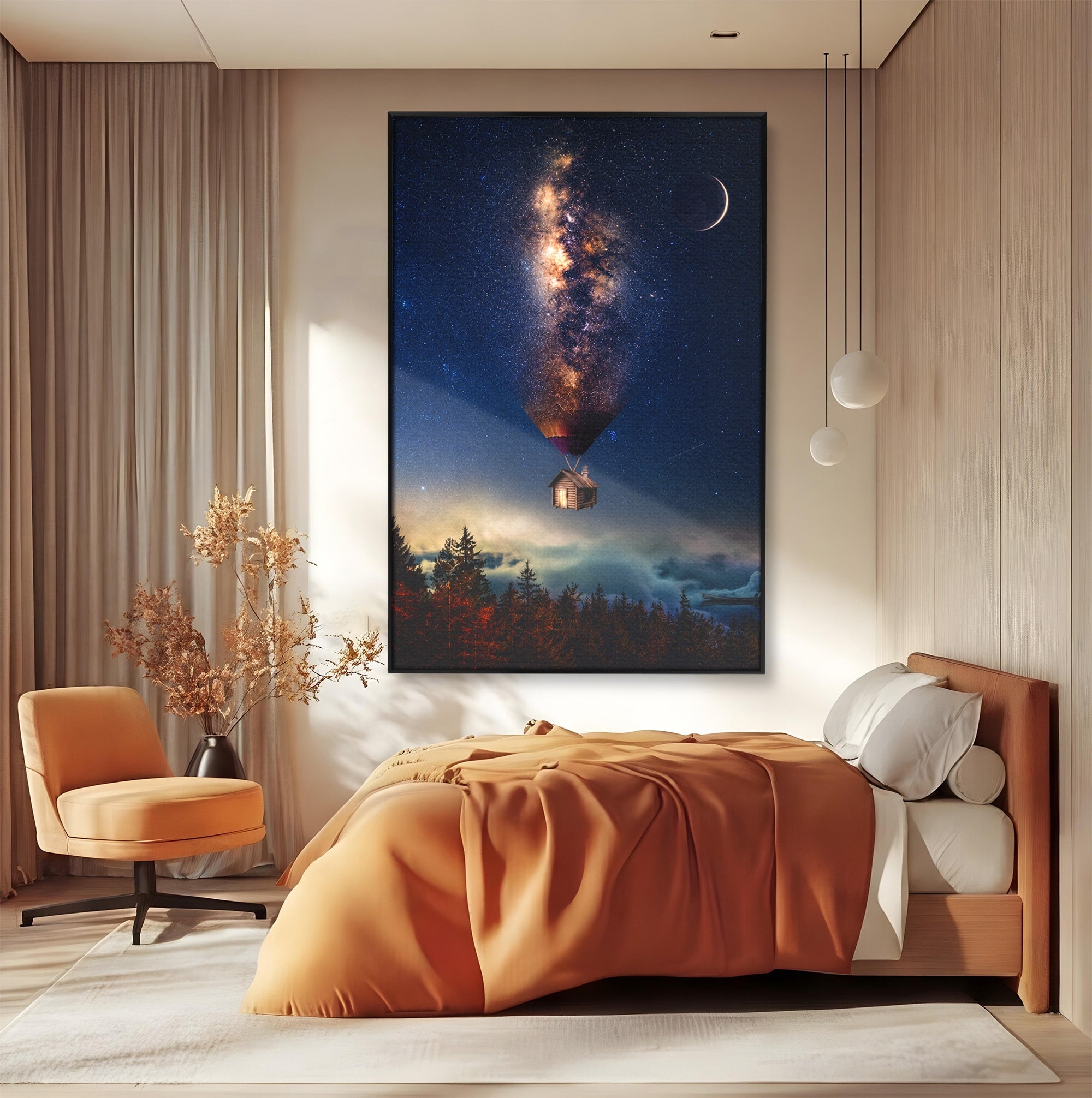 Tablou Canvas Premium LuxCanva® S1008, Casa Zburatoare, Casa, Noapte, Cer Instelat, Fantezie, Living, Culori Vibrante