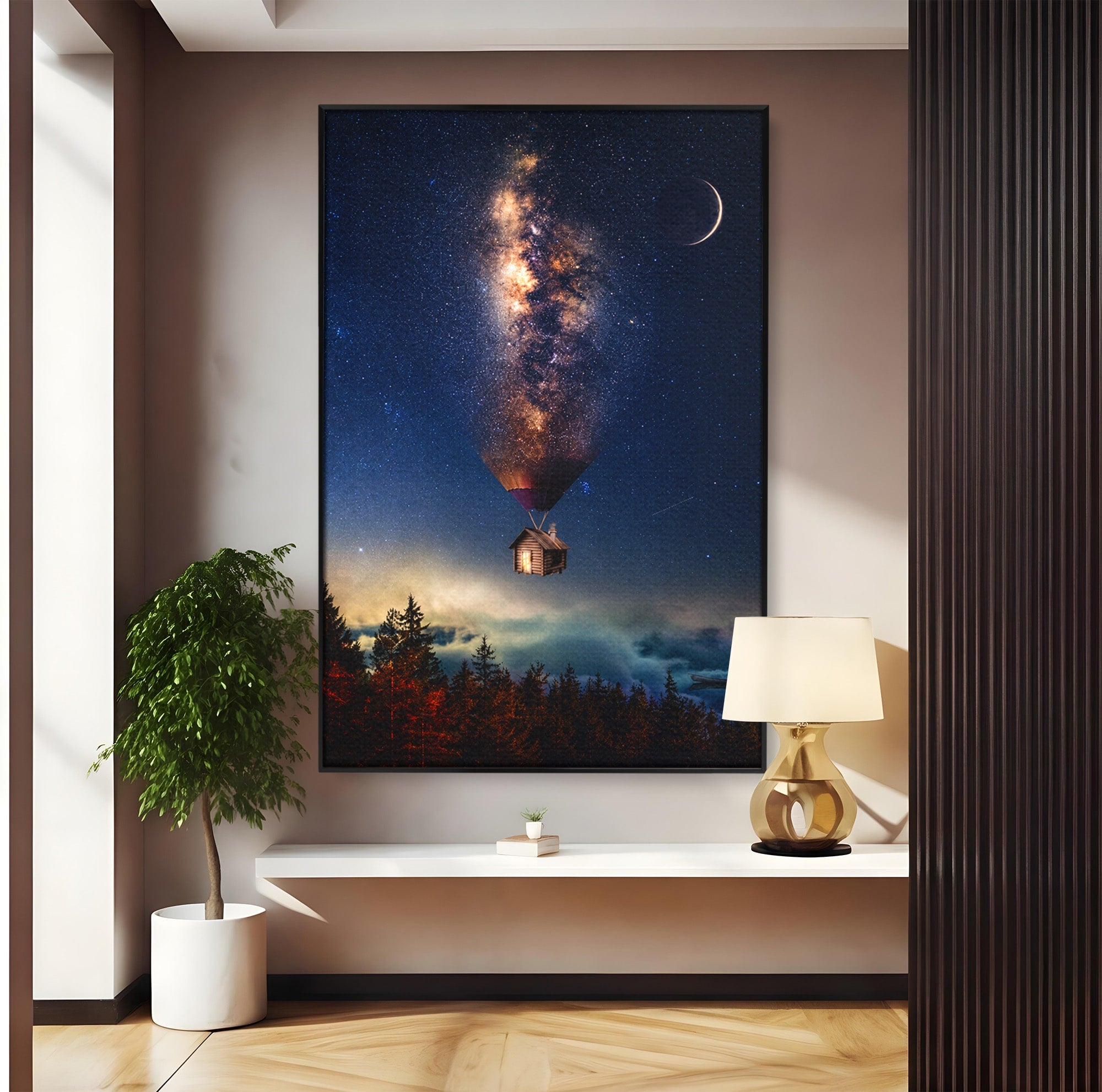 Tablou Canvas Premium LuxCanva® S1008, Casa Zburatoare, Casa, Noapte, Cer Instelat, Fantezie, Living, Culori Vibrante