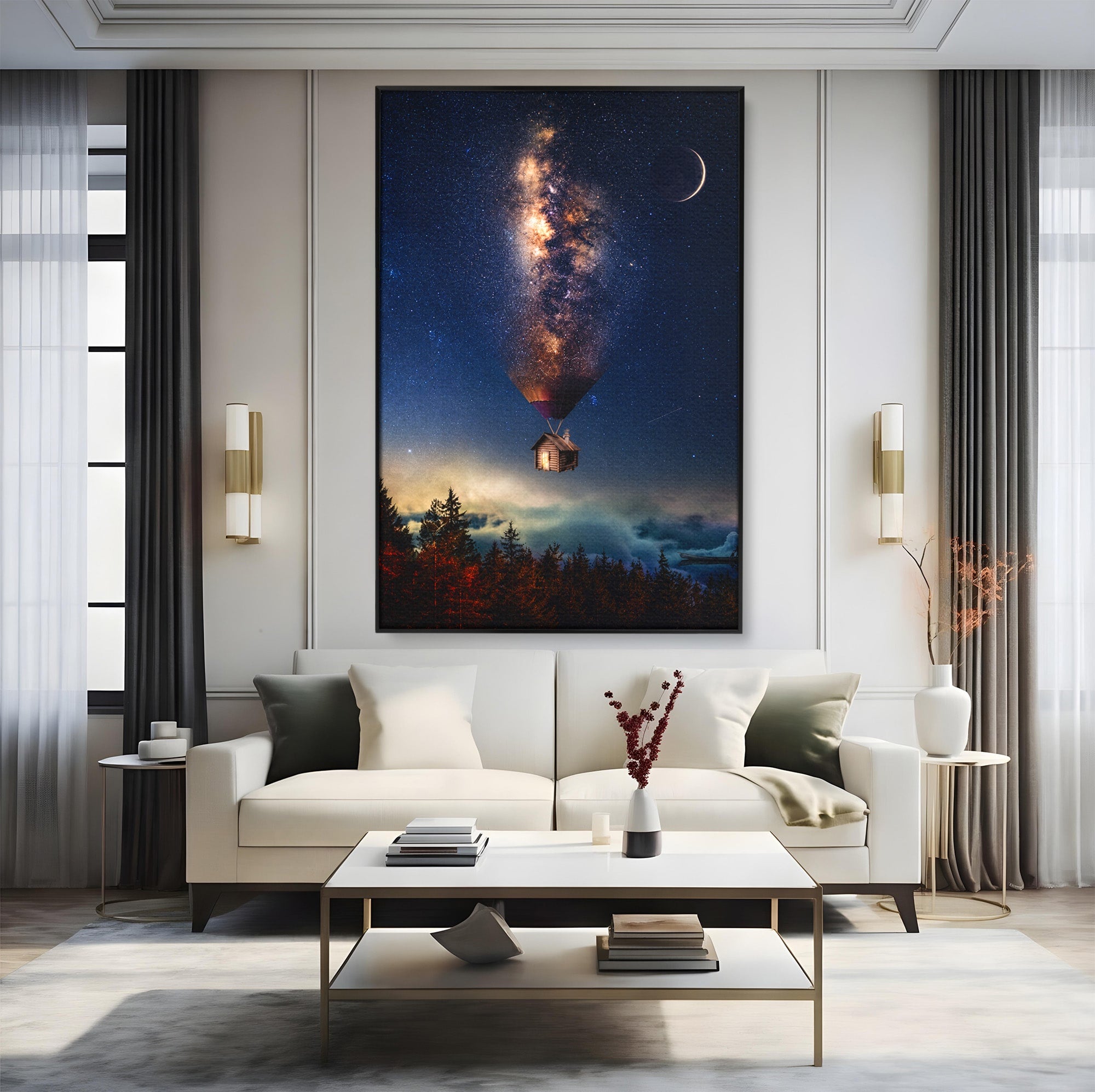 Tablou Canvas Premium LuxCanva® S1008, Casa Zburatoare, Casa, Noapte, Cer Instelat, Fantezie, Living, Culori Vibrante