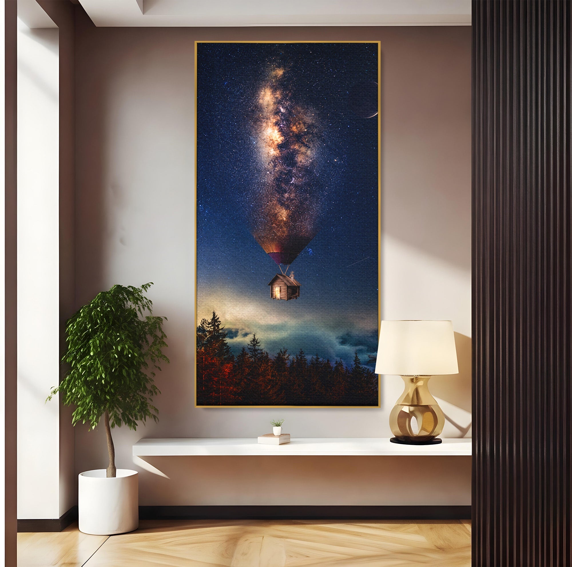 Tablou Canvas Premium LuxCanva® S1008, Casa Zburatoare, Casa, Noapte, Cer Instelat, Fantezie, Living, Culori Vibrante