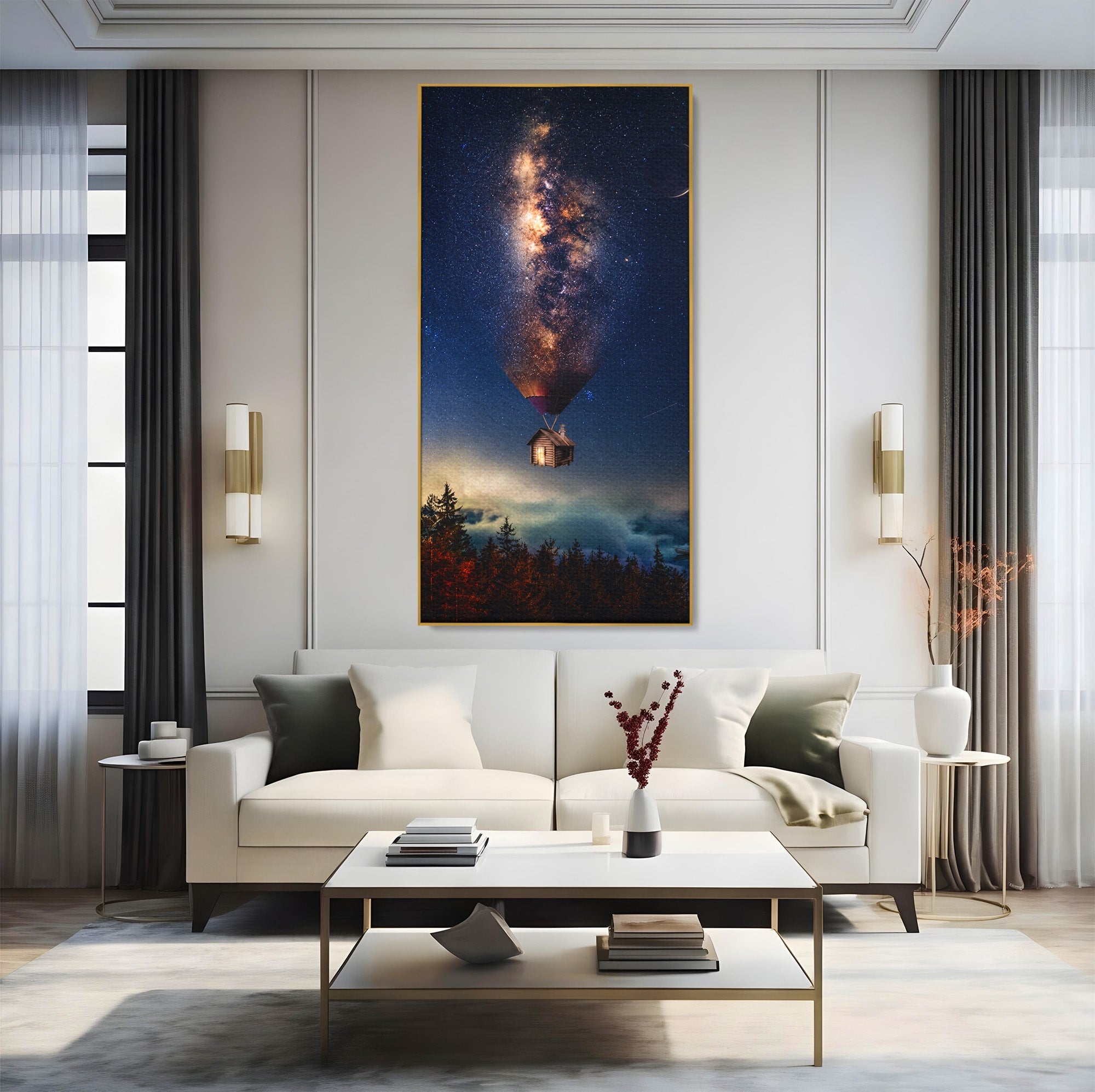 Tablou Canvas Premium LuxCanva® S1008, Casa Zburatoare, Casa, Noapte, Cer Instelat, Fantezie, Living, Culori Vibrante