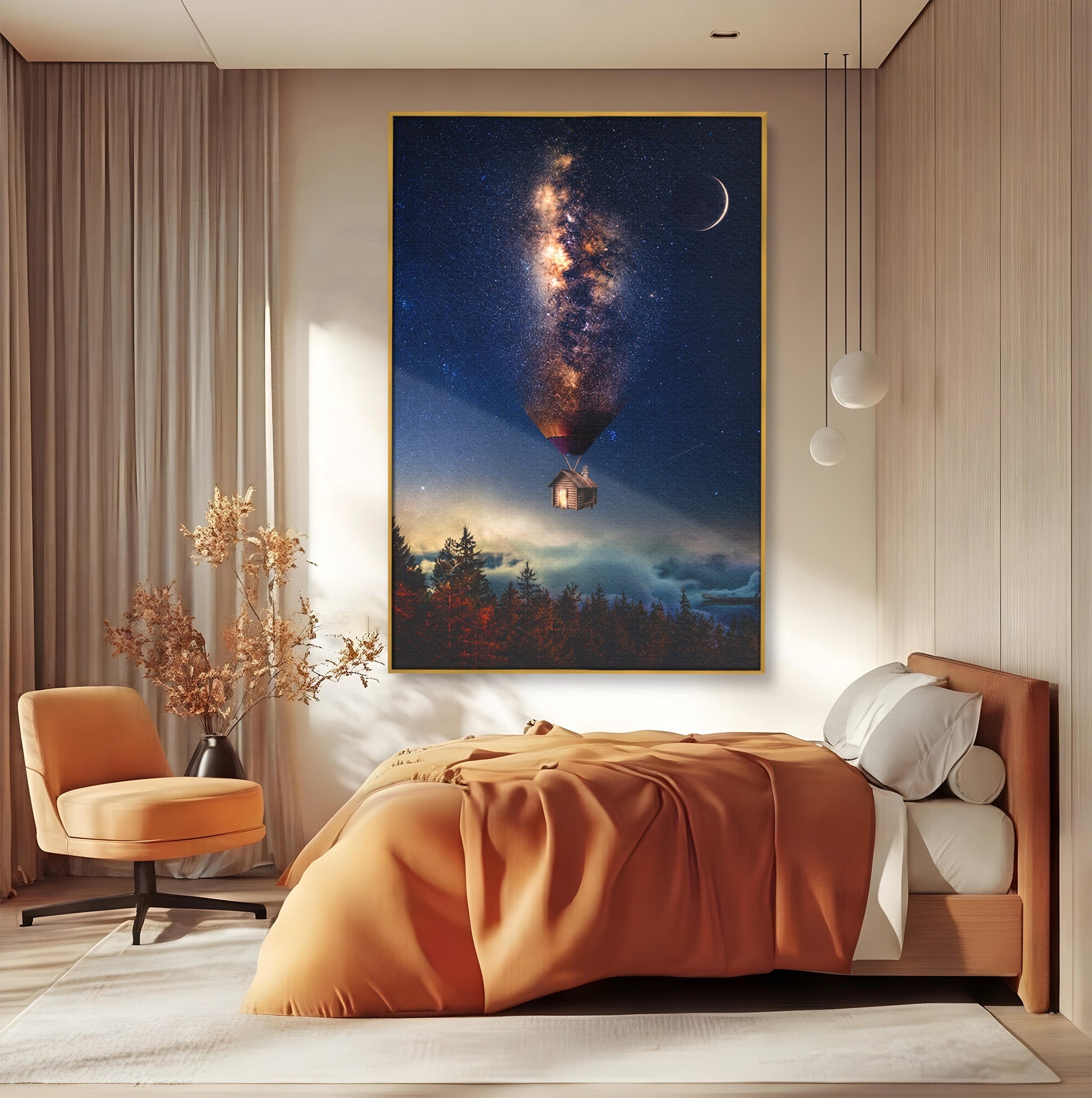 Tablou Canvas Premium LuxCanva® S1008, Casa Zburatoare, Casa, Noapte, Cer Instelat, Fantezie, Living, Culori Vibrante