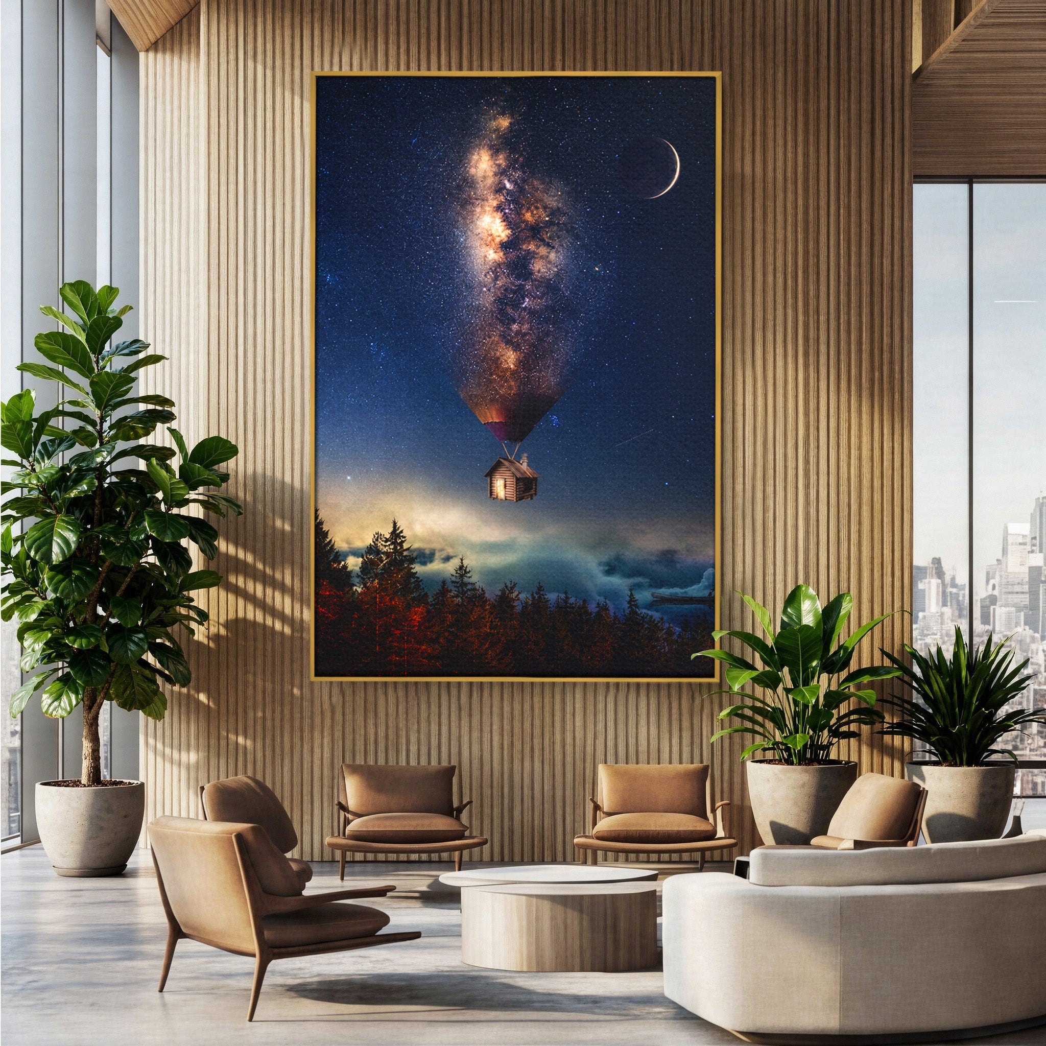 Tablou Canvas Premium LuxCanva® S1008, Casa Zburatoare, Casa, Noapte, Cer Instelat, Fantezie, Living, Culori Vibrante