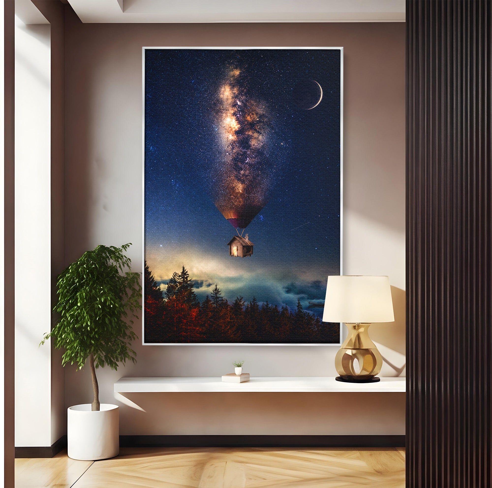 Tablou Canvas Premium LuxCanva® S1008, Casa Zburatoare, Casa, Noapte, Cer Instelat, Fantezie, Living, Culori Vibrante
