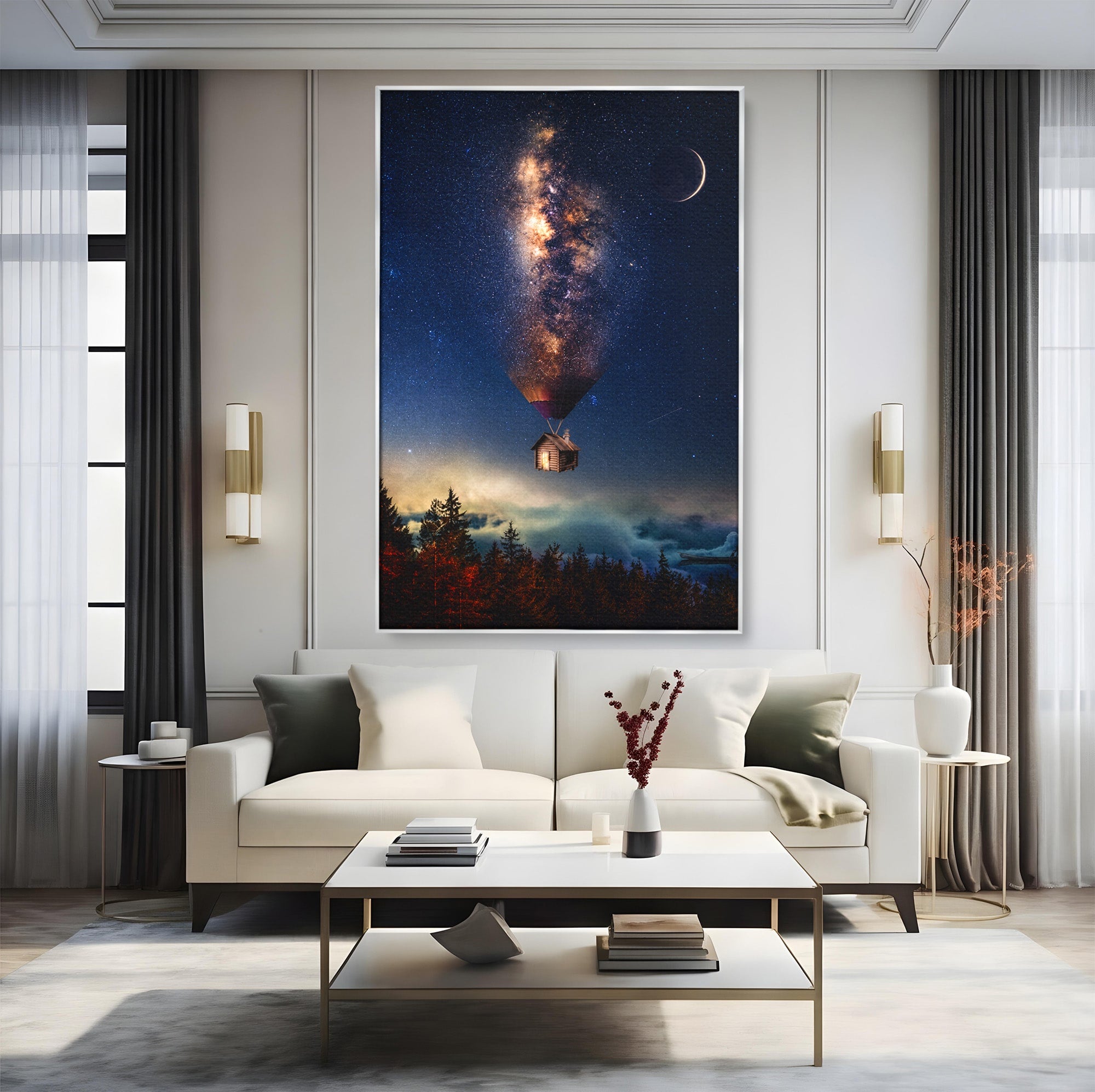 Tablou Canvas Premium LuxCanva® S1008, Casa Zburatoare, Casa, Noapte, Cer Instelat, Fantezie, Living, Culori Vibrante