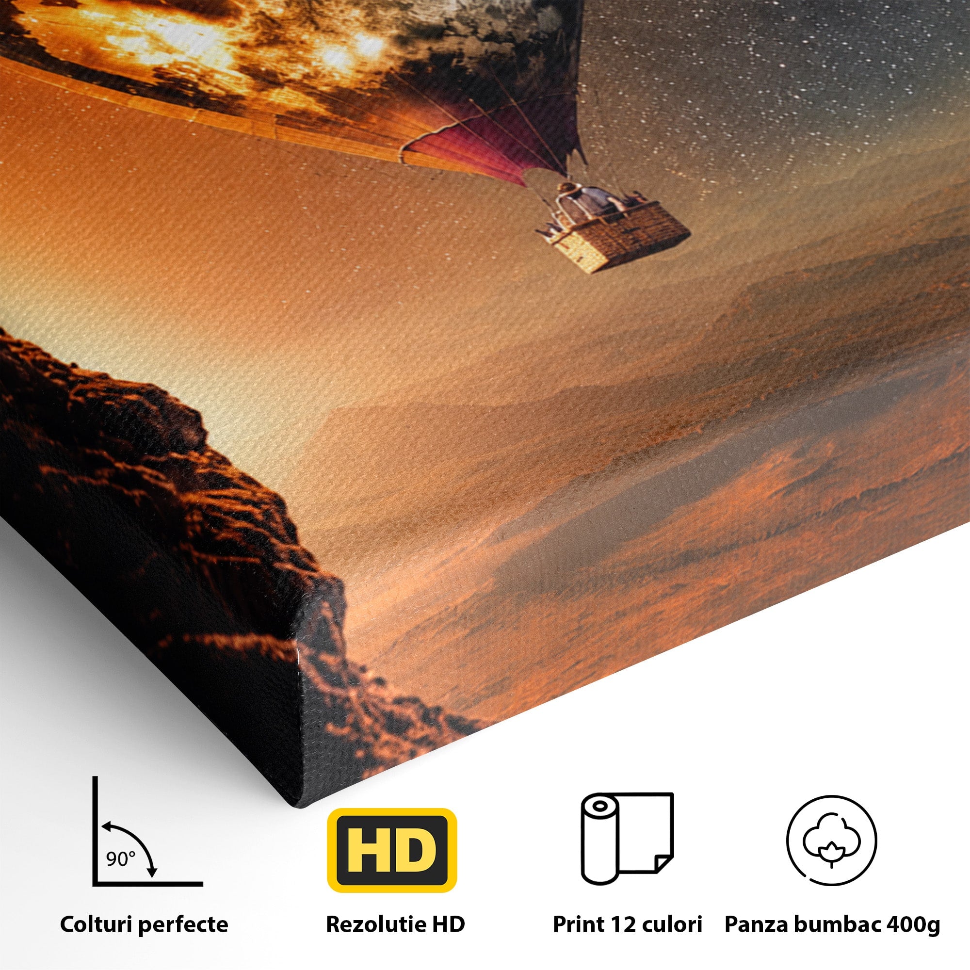 Tablou Canvas Premium LuxCanva® S1009, Calatoria Cosmica, Balon, Univers, Explorare, Fantezie, Living, Culori Vibrante