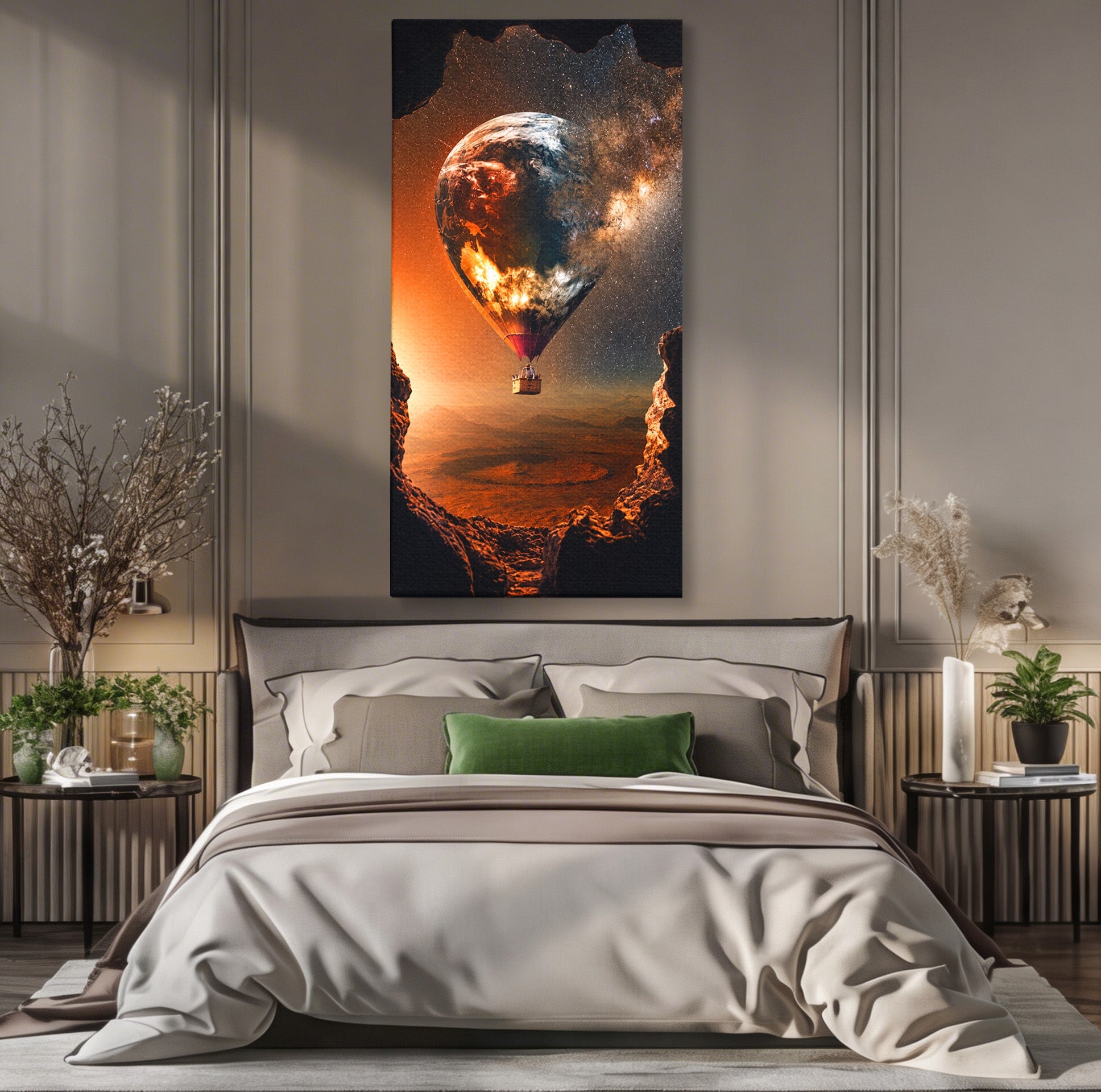 Tablou Canvas Premium LuxCanva® S1009, Calatoria Cosmica, Balon, Univers, Explorare, Fantezie, Living, Culori Vibrante