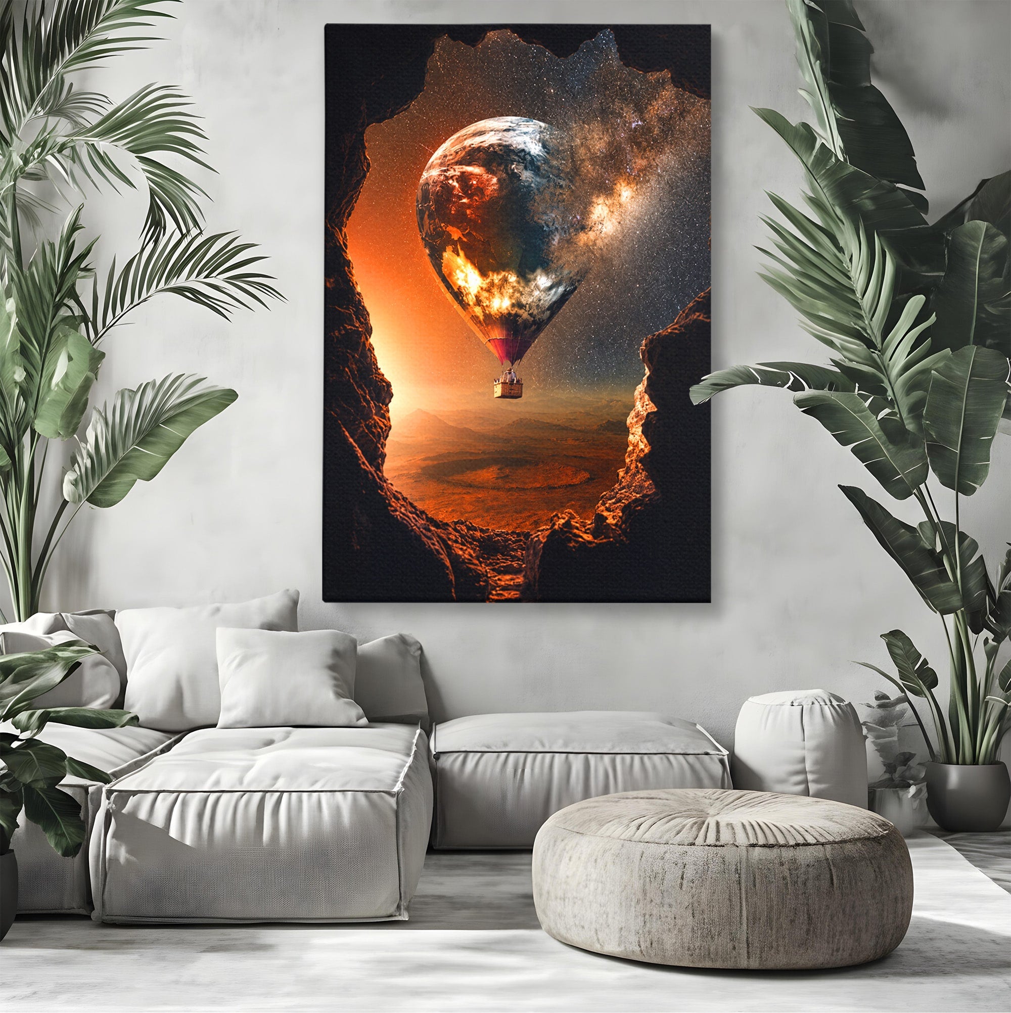 Tablou Canvas Premium LuxCanva® S1009, Calatoria Cosmica, Balon, Univers, Explorare, Fantezie, Living, Culori Vibrante