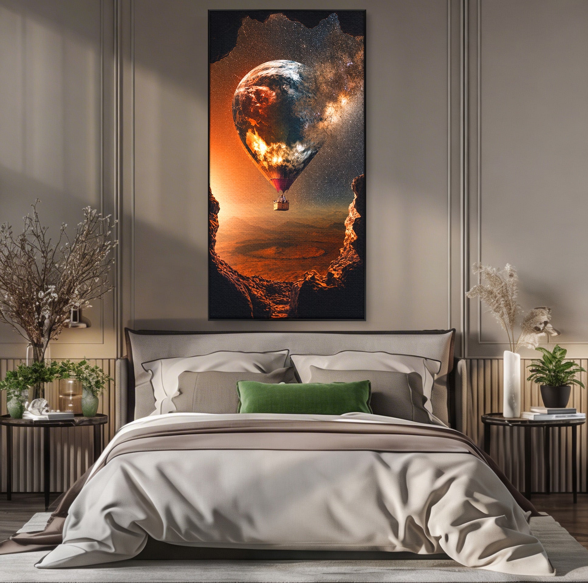 Tablou Canvas Premium LuxCanva® S1009, Calatoria Cosmica, Balon, Univers, Explorare, Fantezie, Living, Culori Vibrante