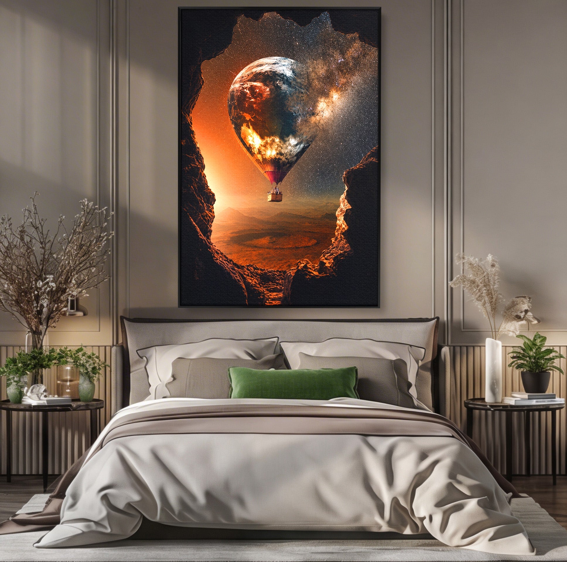 Tablou Canvas Premium LuxCanva® S1009, Calatoria Cosmica, Balon, Univers, Explorare, Fantezie, Living, Culori Vibrante