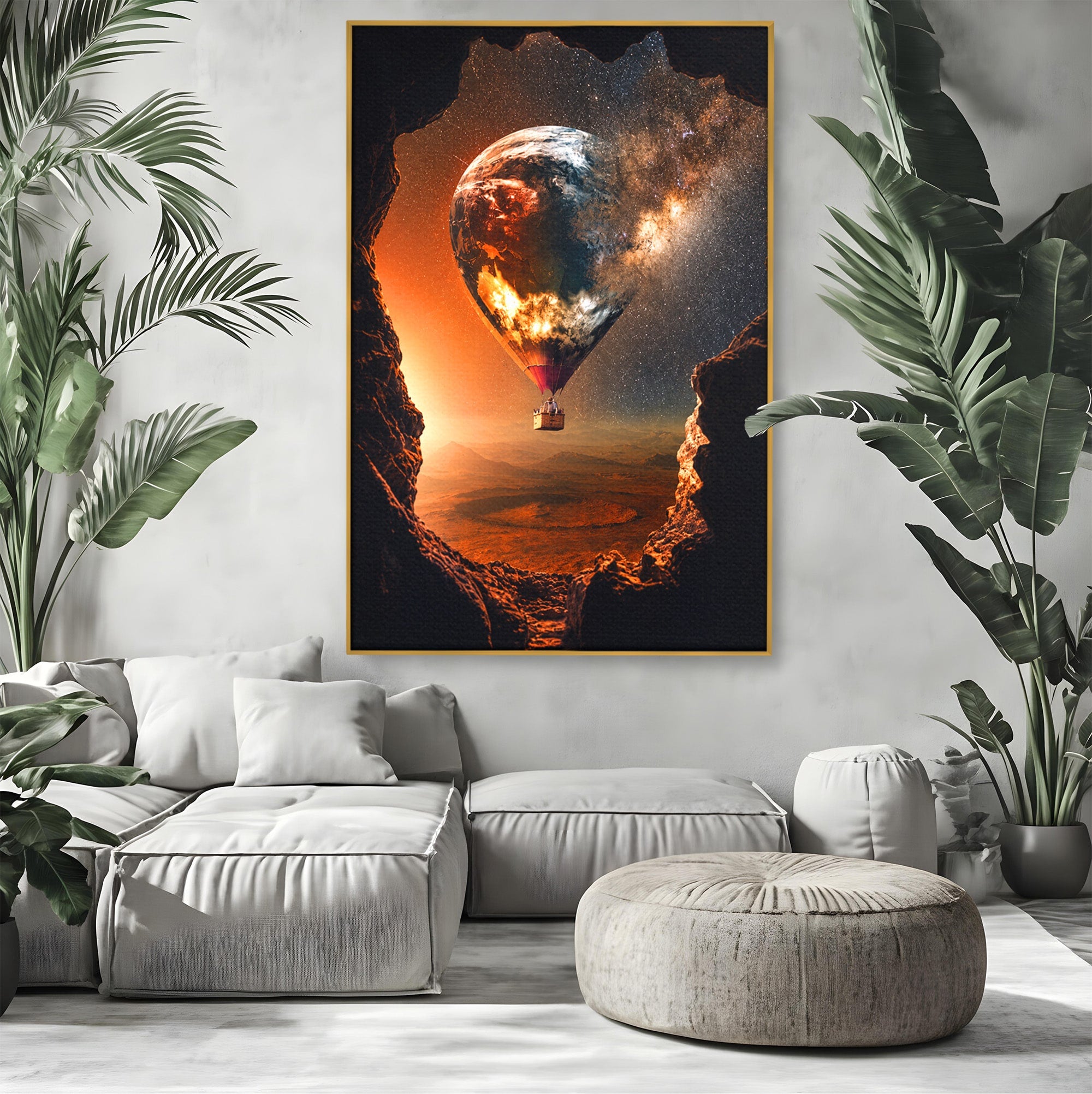 Tablou Canvas Premium LuxCanva® S1009, Calatoria Cosmica, Balon, Univers, Explorare, Fantezie, Living, Culori Vibrante