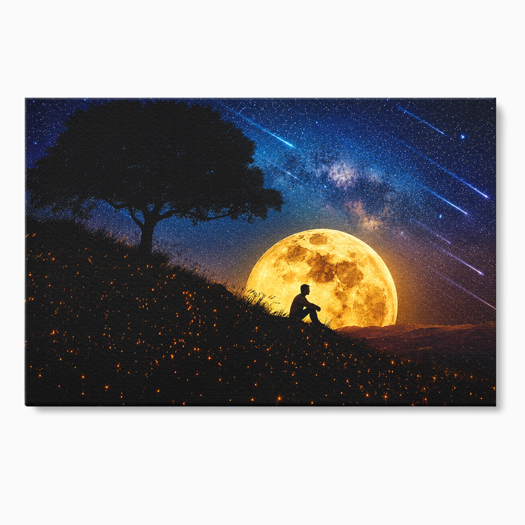 Tablou Canvas Premium LuxCanva® S1013, Contemplatie Sub Luna Plina, Luna, Copac, Stele, Noapte, Meditatie, Living, Culori Vibrante