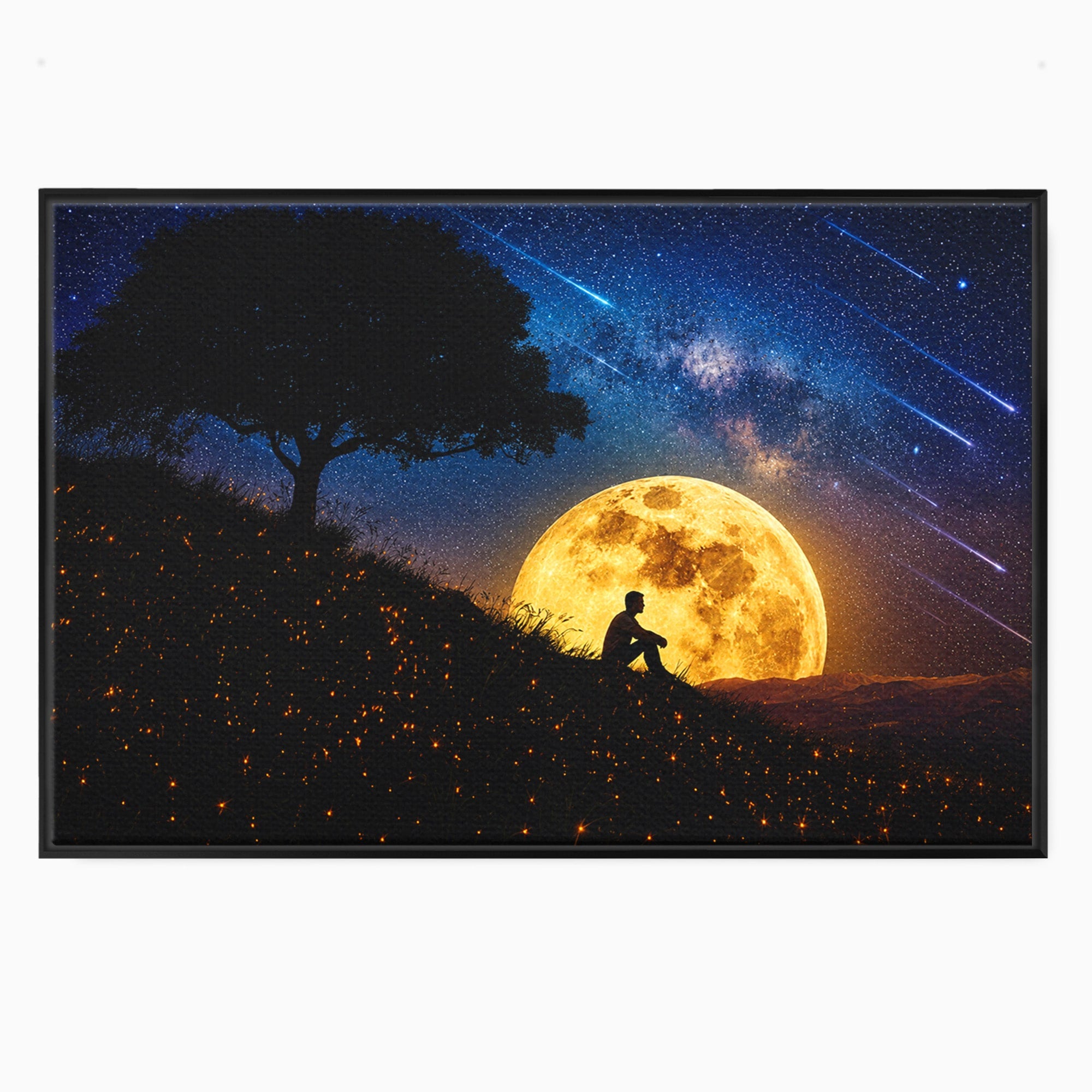 Tablou Canvas Premium LuxCanva® S1013, Contemplatie Sub Luna Plina, Luna, Copac, Stele, Noapte, Meditatie, Living, Culori Vibrante