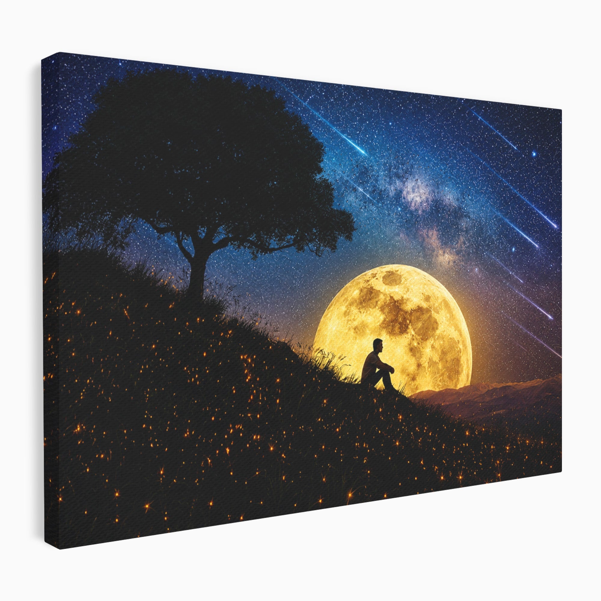 Tablou Canvas Premium LuxCanva® S1013, Contemplatie Sub Luna Plina, Luna, Copac, Stele, Noapte, Meditatie, Living, Culori Vibrante