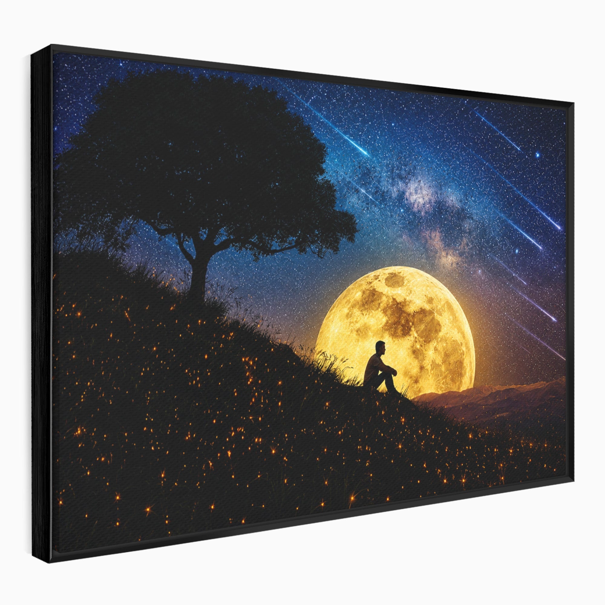 Tablou Canvas Premium LuxCanva® S1013, Contemplatie Sub Luna Plina, Luna, Copac, Stele, Noapte, Meditatie, Living, Culori Vibrante