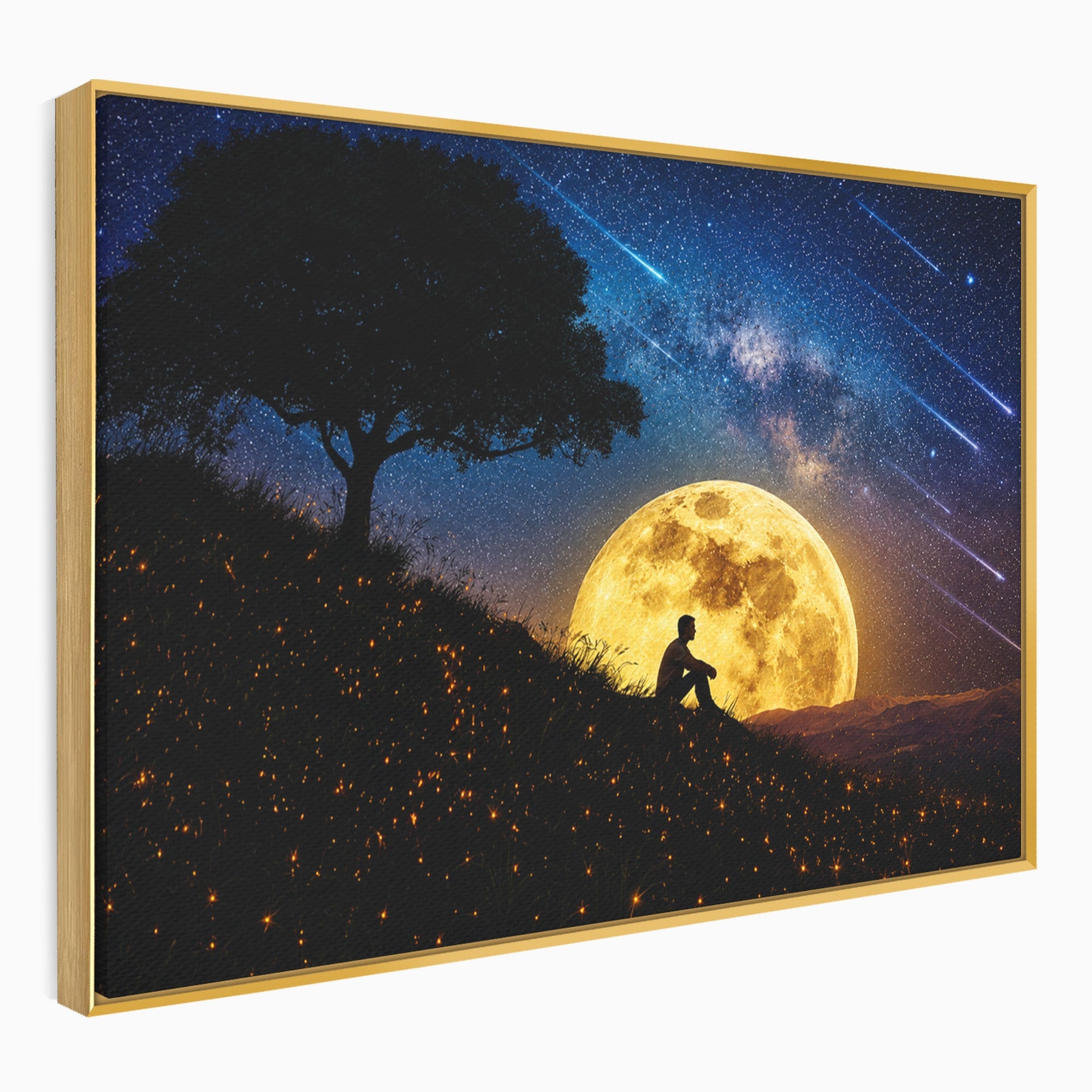 Tablou Canvas Premium LuxCanva® S1013, Contemplatie Sub Luna Plina, Luna, Copac, Stele, Noapte, Meditatie, Living, Culori Vibrante
