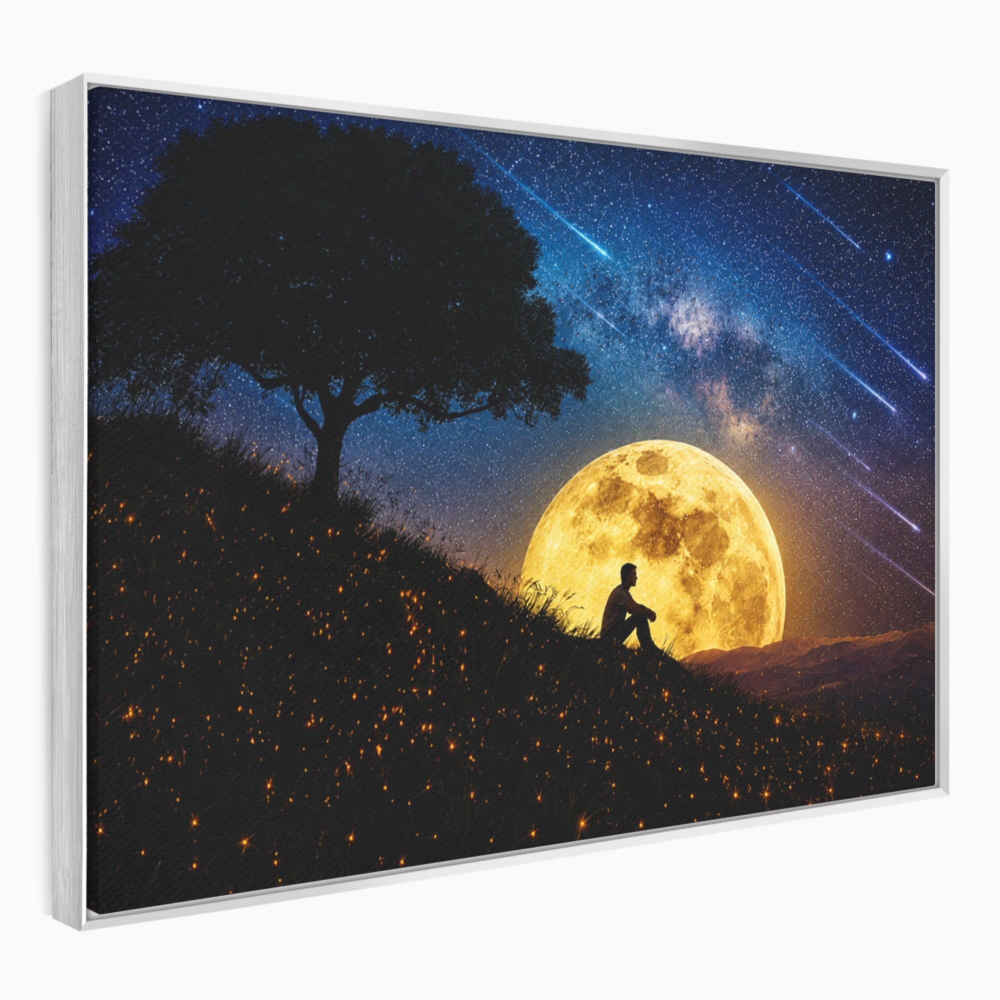 Tablou Canvas Premium LuxCanva® S1013, Contemplatie Sub Luna Plina, Luna, Copac, Stele, Noapte, Meditatie, Living, Culori Vibrante