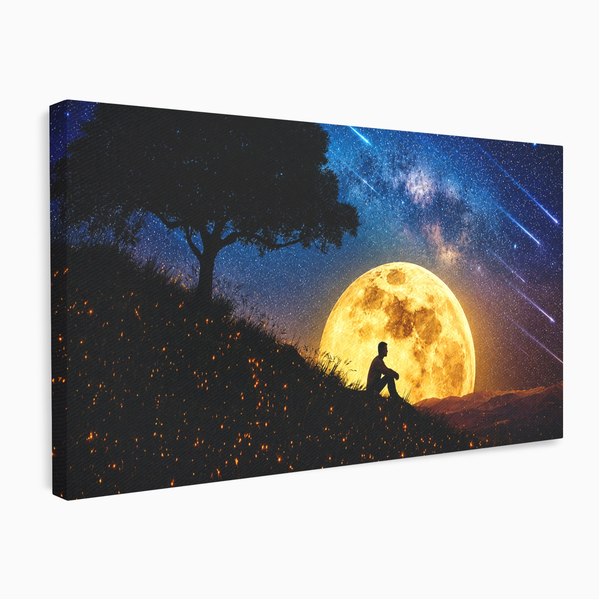 Tablou Canvas Premium LuxCanva® S1013, Contemplatie Sub Luna Plina, Luna, Copac, Stele, Noapte, Meditatie, Living, Culori Vibrante
