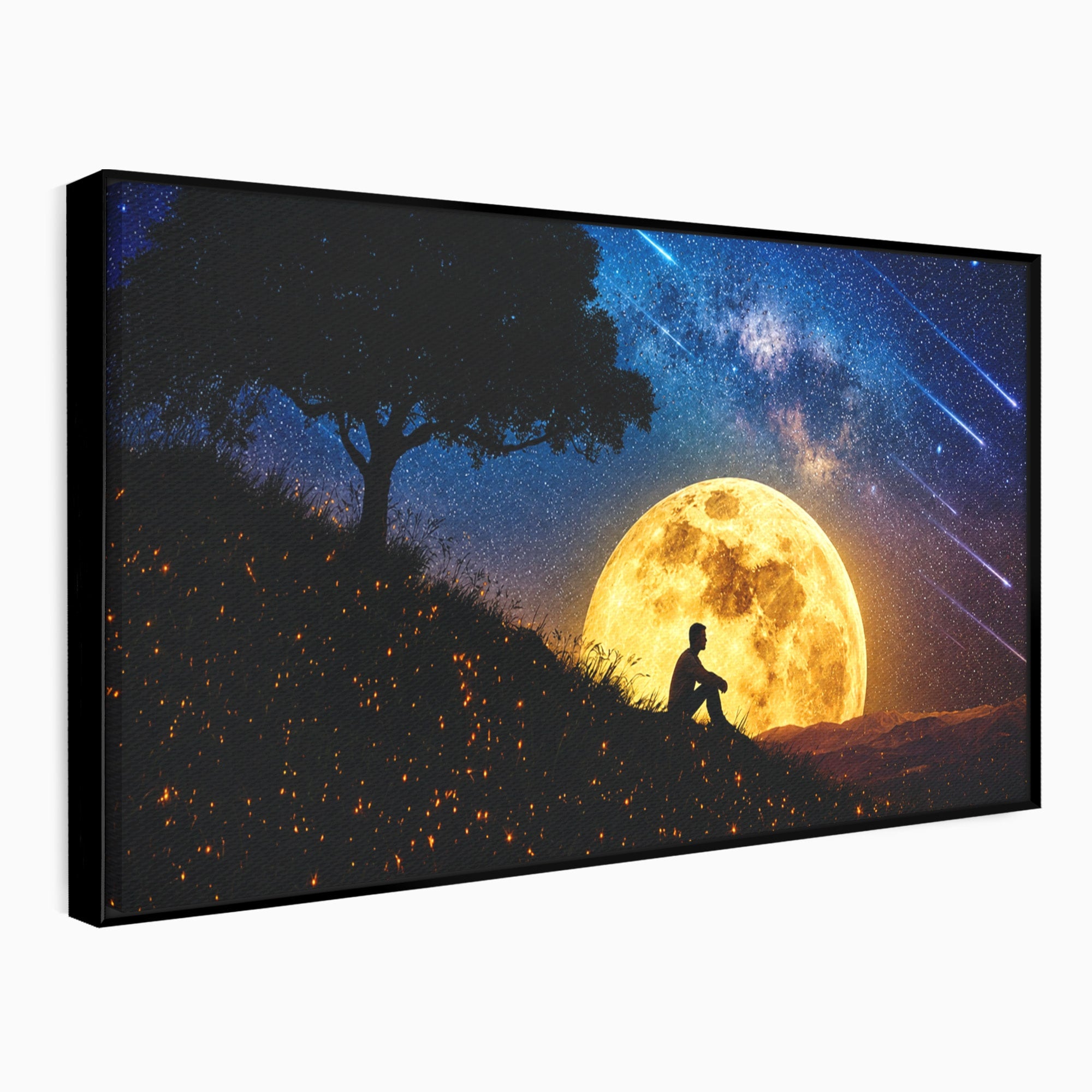 Tablou Canvas Premium LuxCanva® S1013, Contemplatie Sub Luna Plina, Luna, Copac, Stele, Noapte, Meditatie, Living, Culori Vibrante