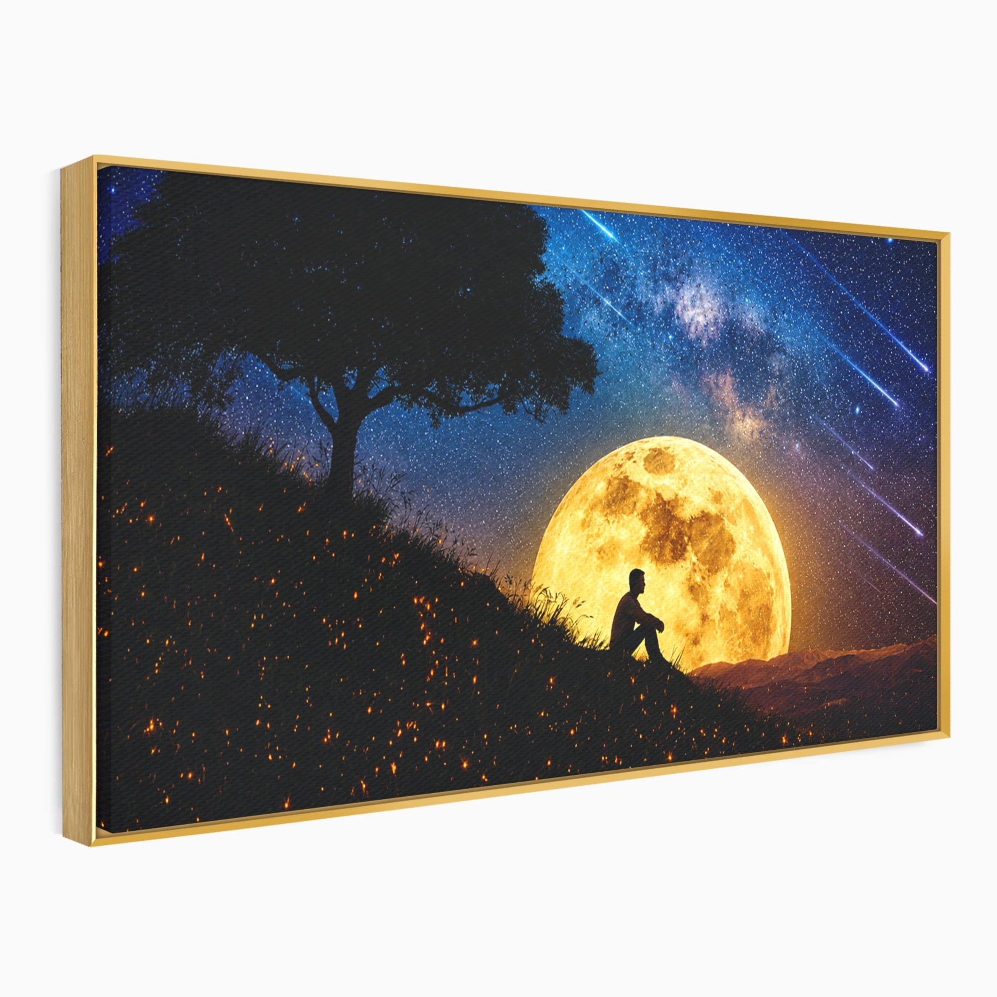 Tablou Canvas Premium LuxCanva® S1013, Contemplatie Sub Luna Plina, Luna, Copac, Stele, Noapte, Meditatie, Living, Culori Vibrante