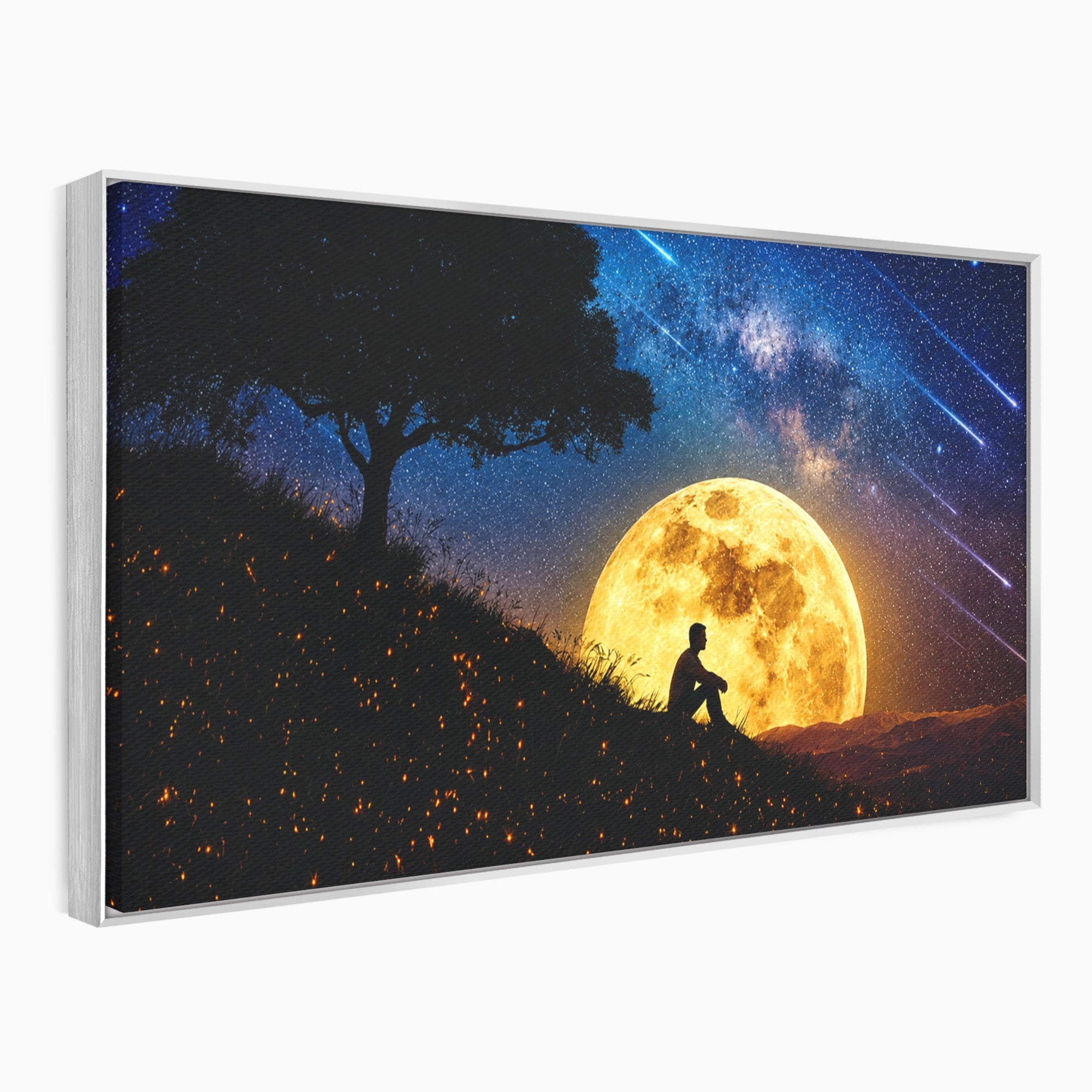 Tablou Canvas Premium LuxCanva® S1013, Contemplatie Sub Luna Plina, Luna, Copac, Stele, Noapte, Meditatie, Living, Culori Vibrante