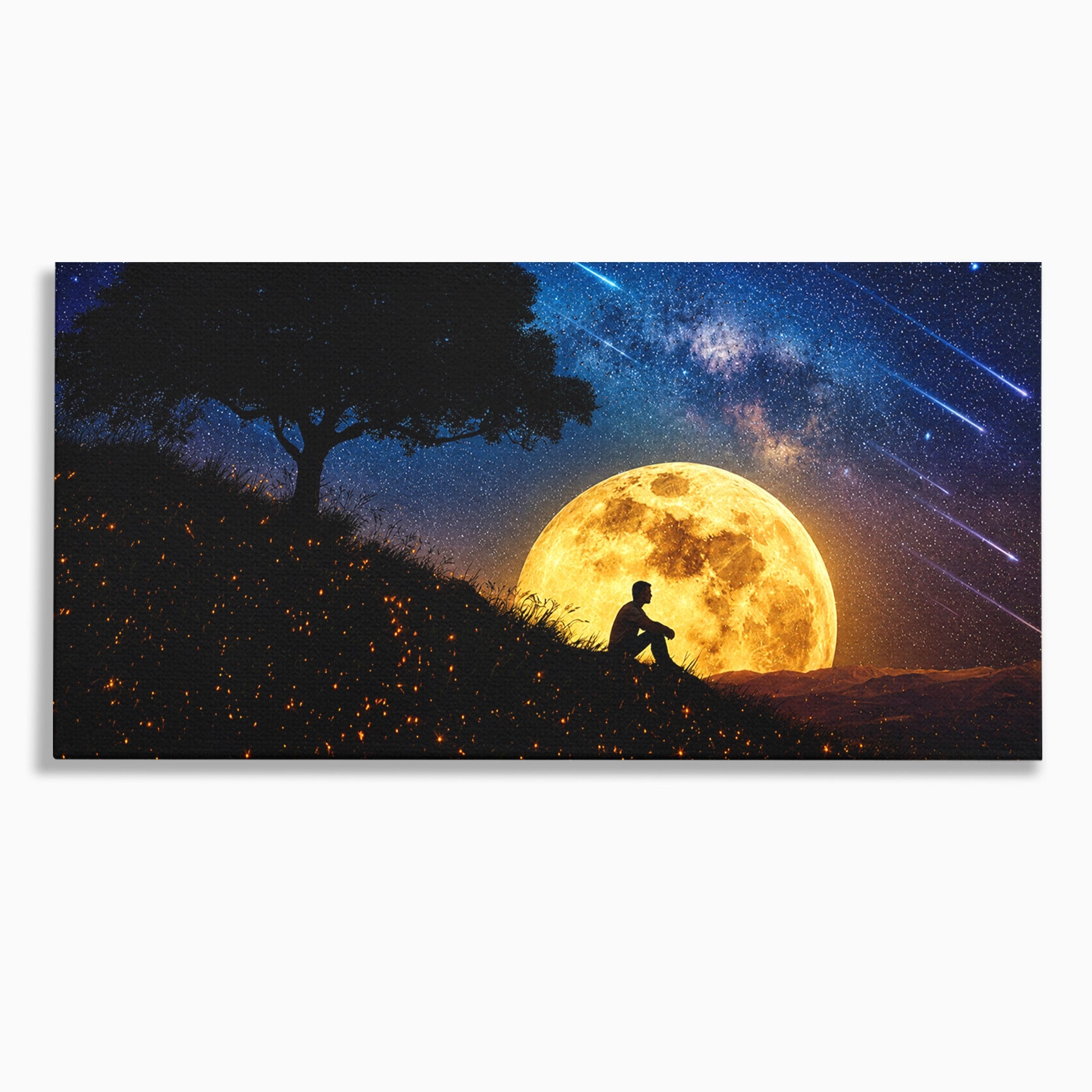 Tablou Canvas Premium LuxCanva® S1013, Contemplatie Sub Luna Plina, Luna, Copac, Stele, Noapte, Meditatie, Living, Culori Vibrante