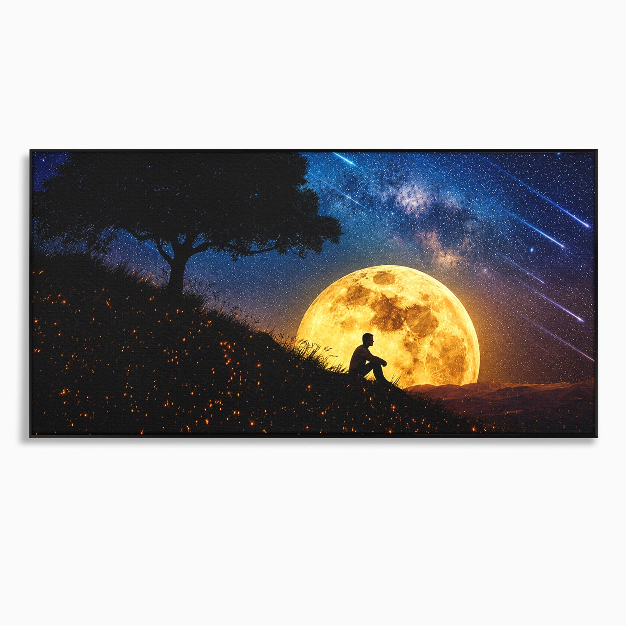Tablou Canvas Premium LuxCanva® S1013, Contemplatie Sub Luna Plina, Luna, Copac, Stele, Noapte, Meditatie, Living, Culori Vibrante