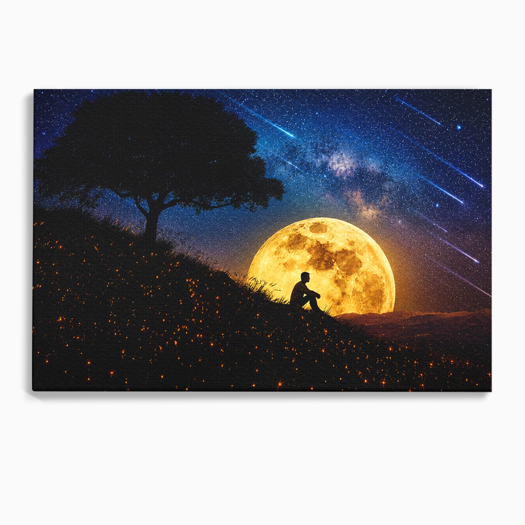 Tablou Canvas Premium LuxCanva® S1013, Contemplatie Sub Luna Plina, Luna, Copac, Stele, Noapte, Meditatie, Living, Culori Vibrante
