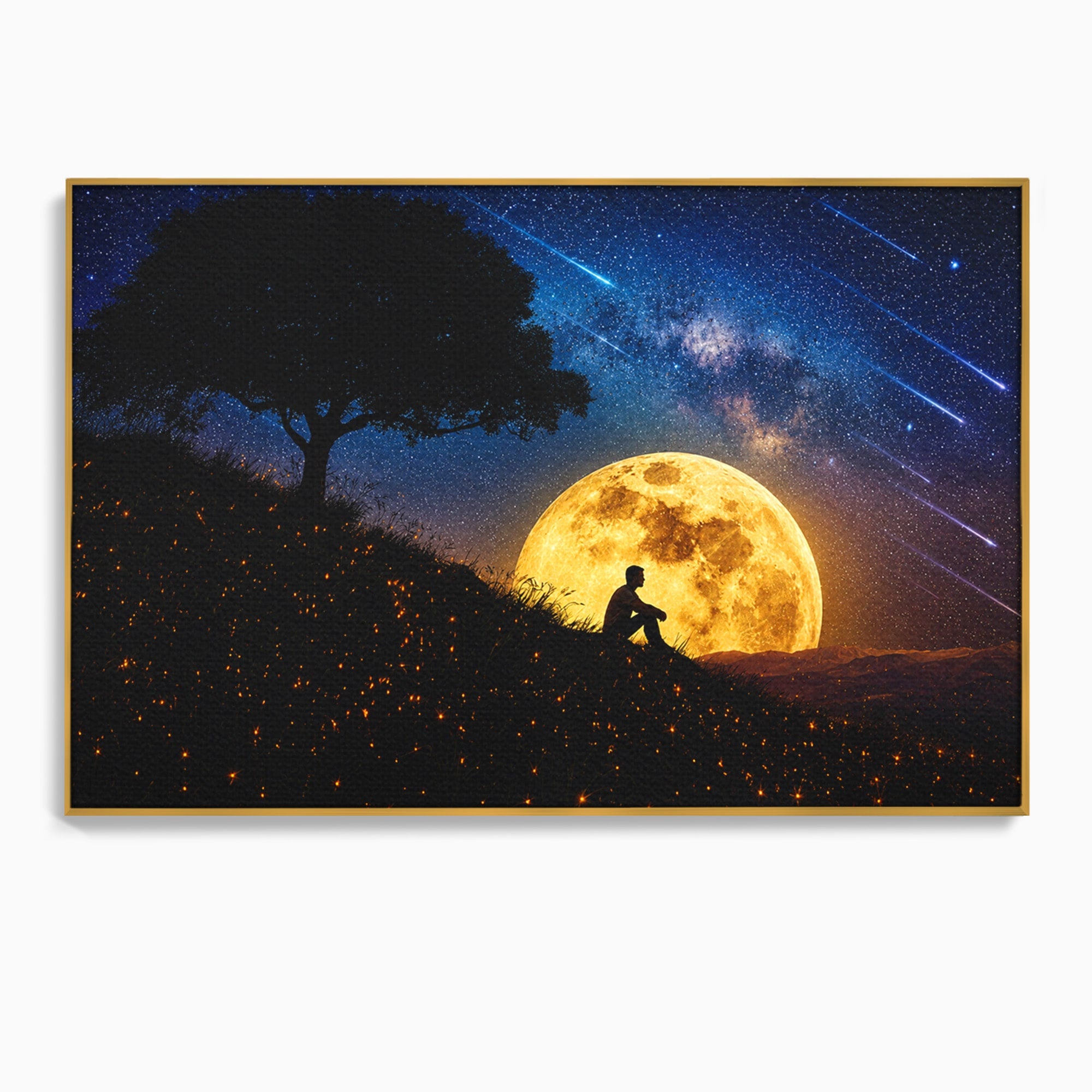 Tablou Canvas Premium LuxCanva® S1013, Contemplatie Sub Luna Plina, Luna, Copac, Stele, Noapte, Meditatie, Living, Culori Vibrante